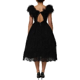 Black Crystal Embellished Midi A-line Dress