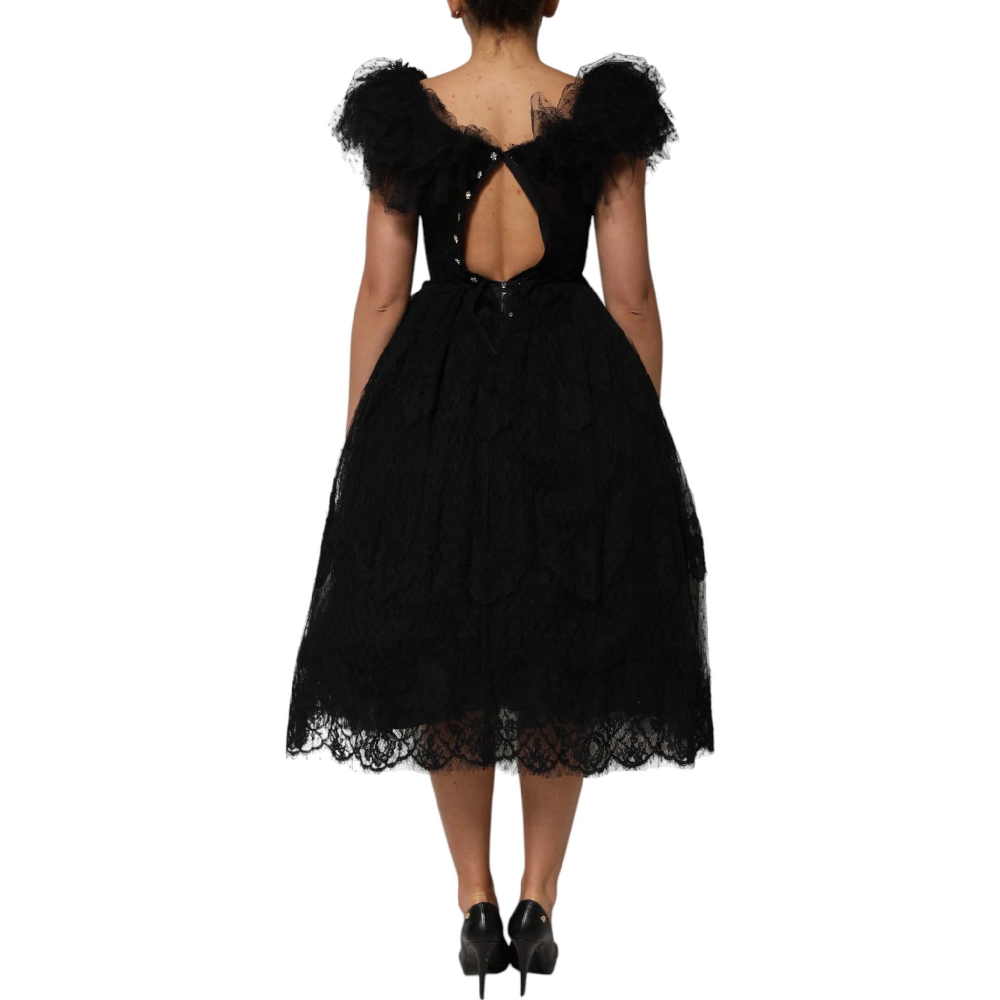 Black Crystal Embellished Midi A-line Dress