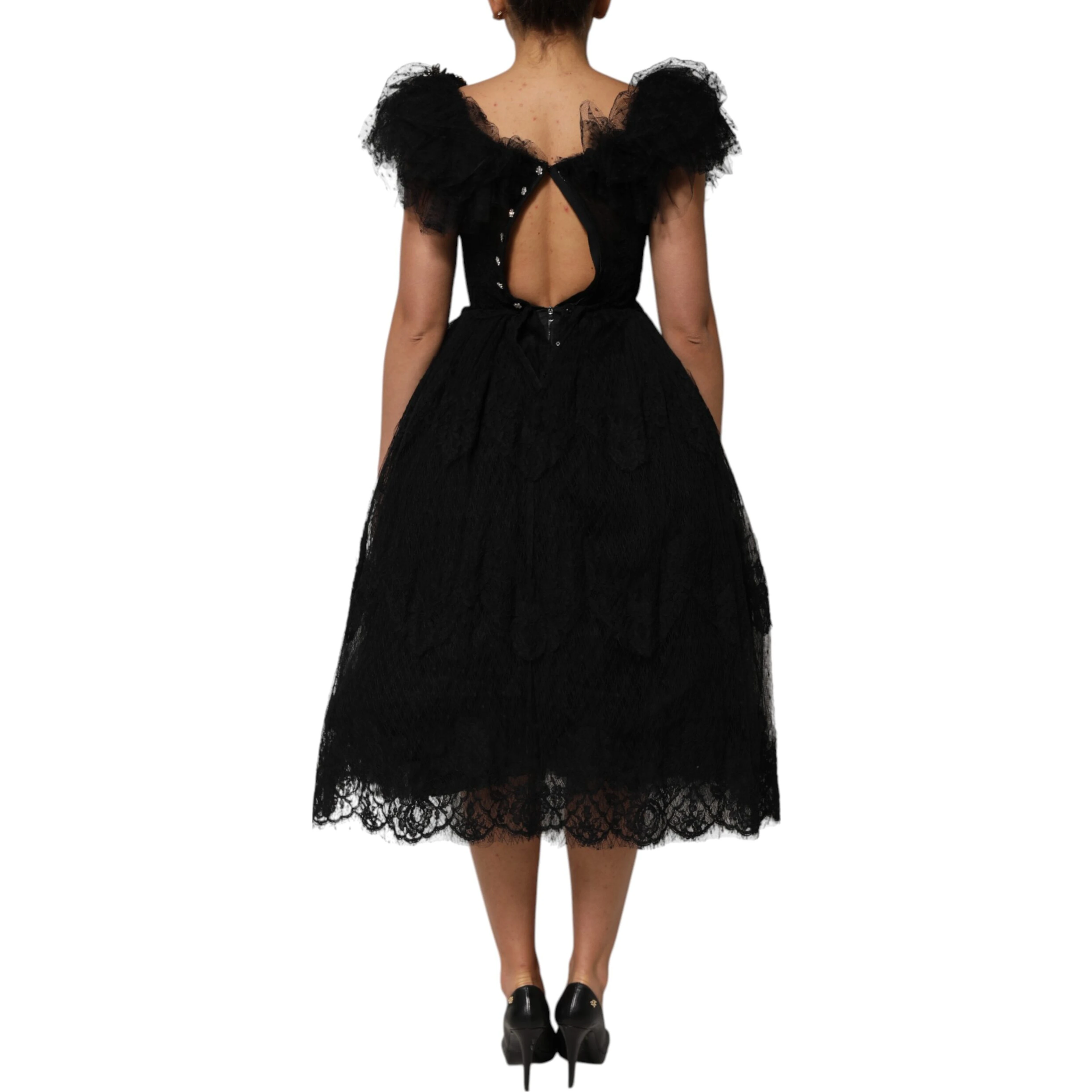 Black Crystal Embellished Midi A-line Dress