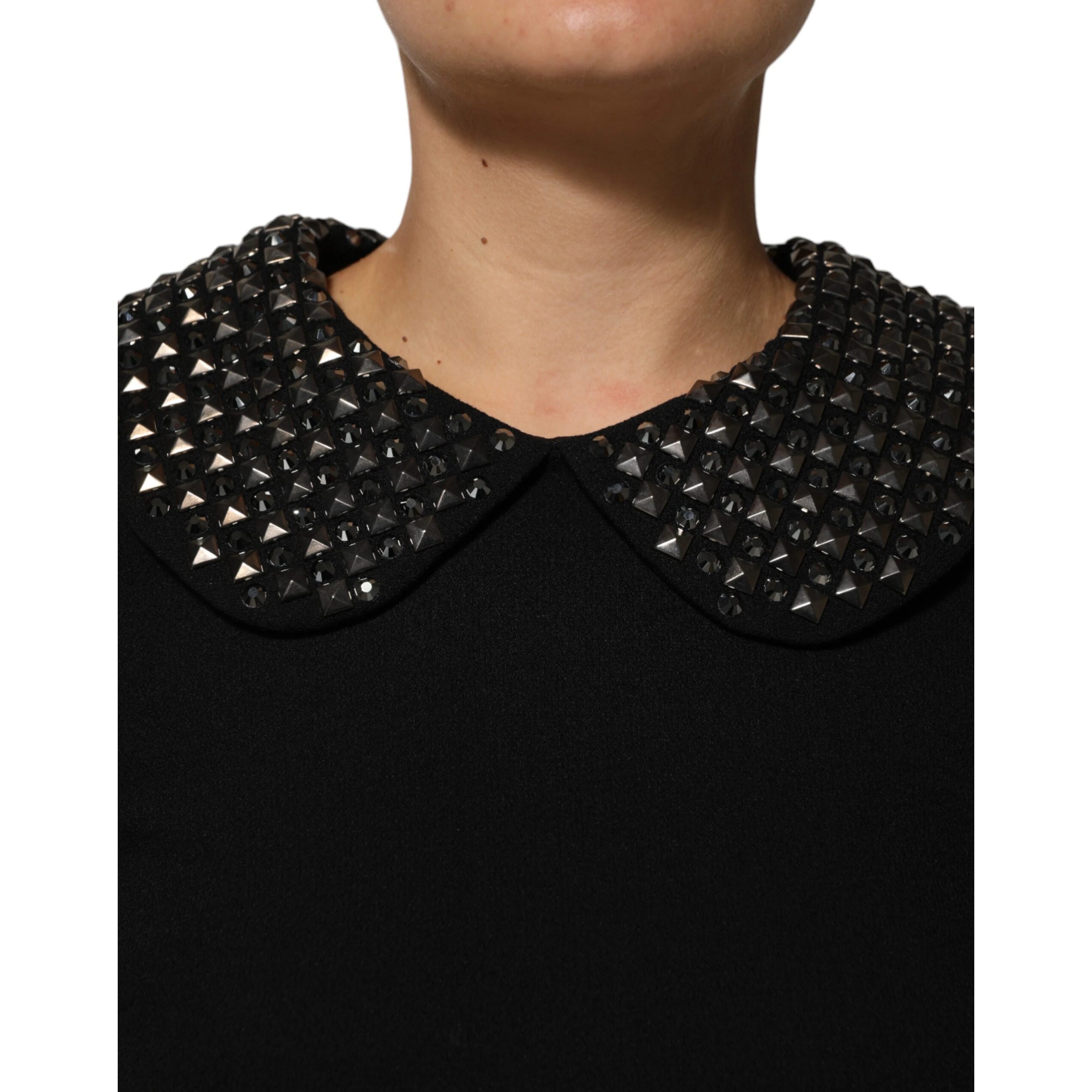 Black Crystal Embellished Collared Mini Dress