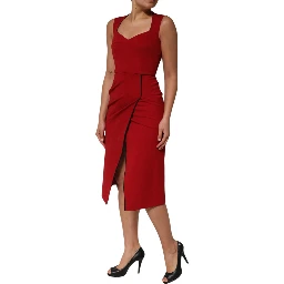 Red Viscose Stretch Slit Sheath Midi Dress