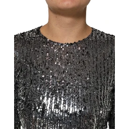 Black Sequined Long Sleeves Midi A-line  Dress