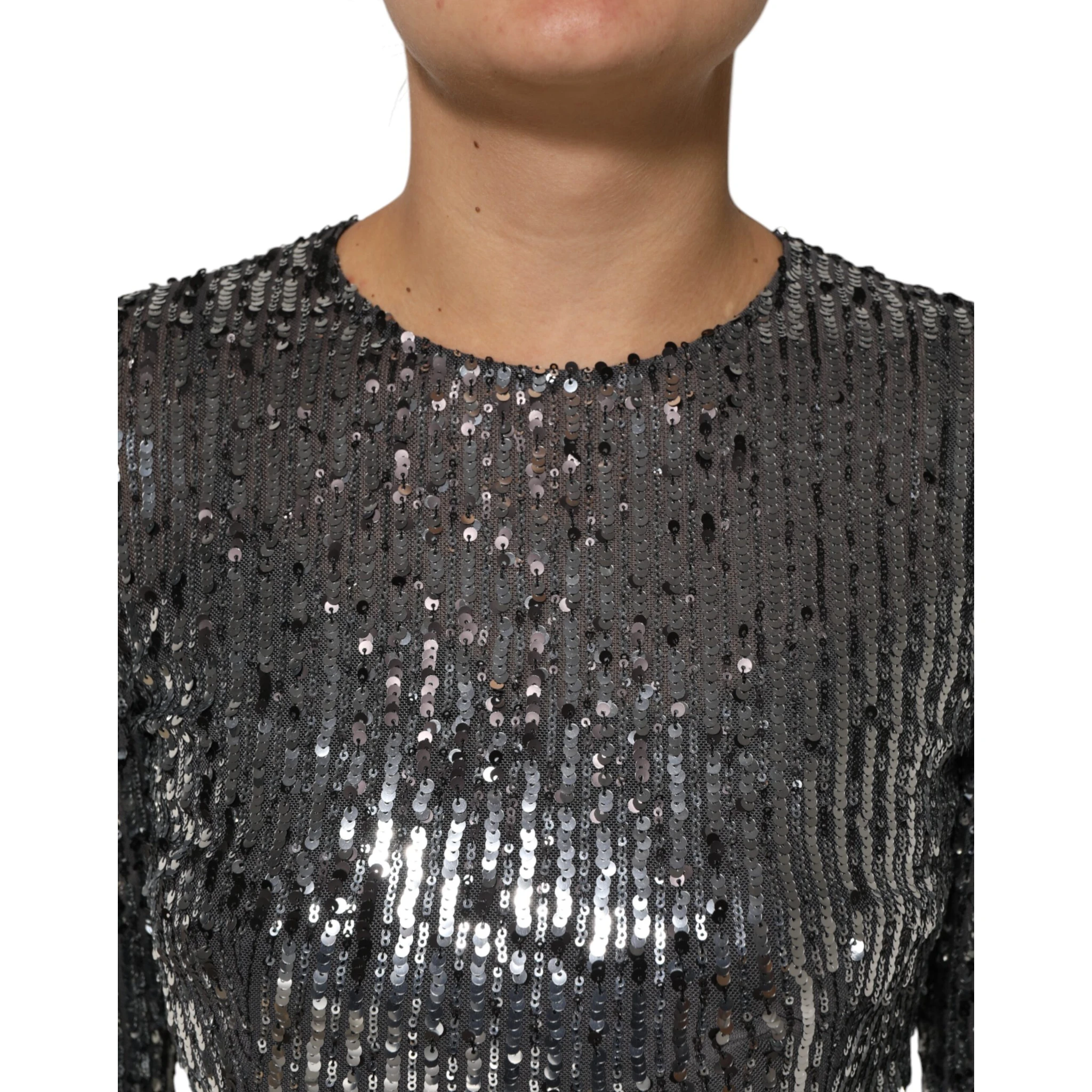 Black Sequined Long Sleeves Midi A-line  Dress