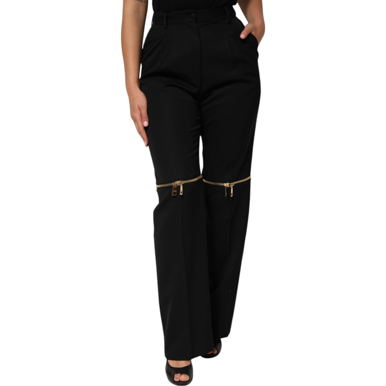 Black Zip Detailed Wool Straight Leg Pants