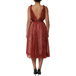 Burgundy Mesh Sleeveless Midi A-line Dress