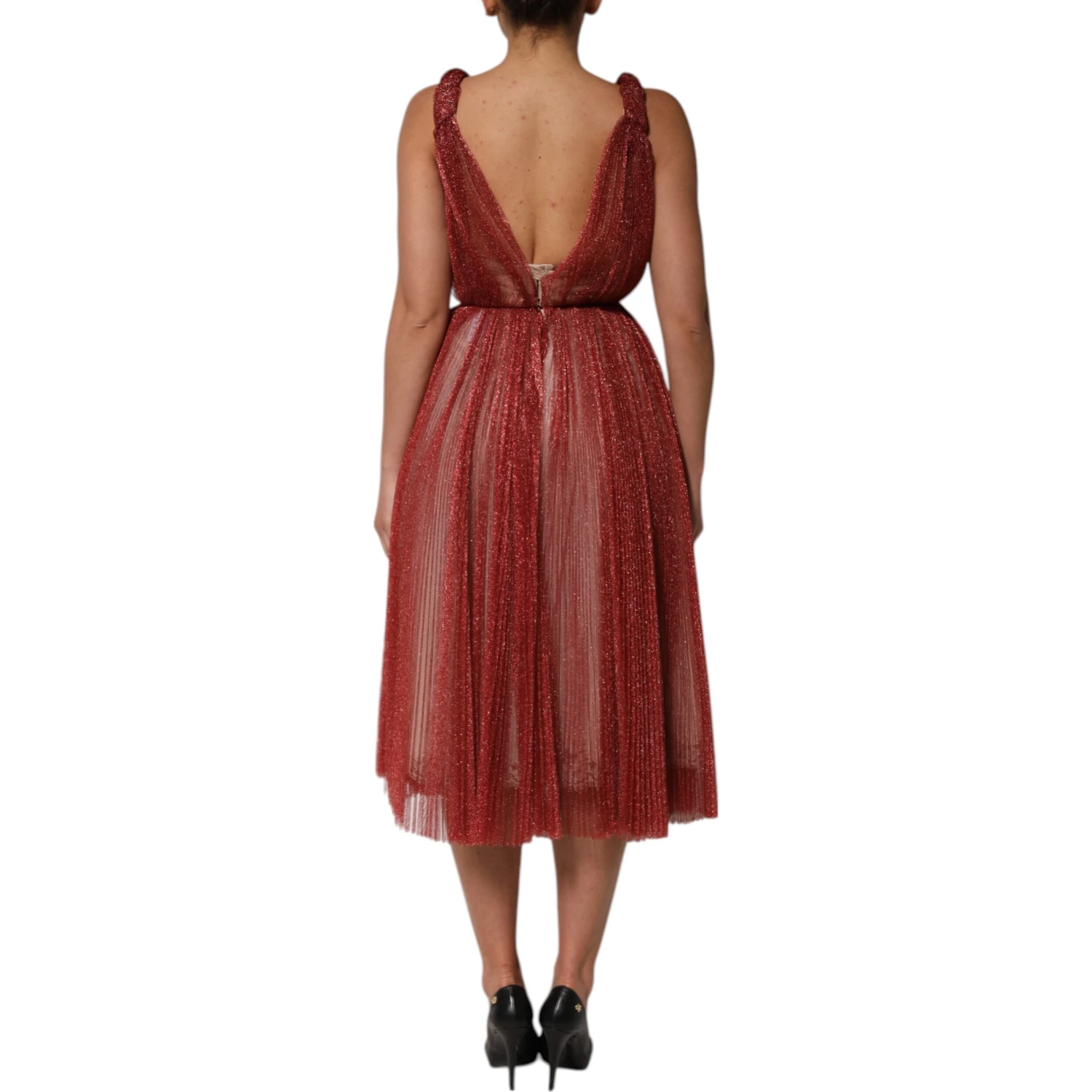 Burgundy Mesh Sleeveless Midi A-line Dress