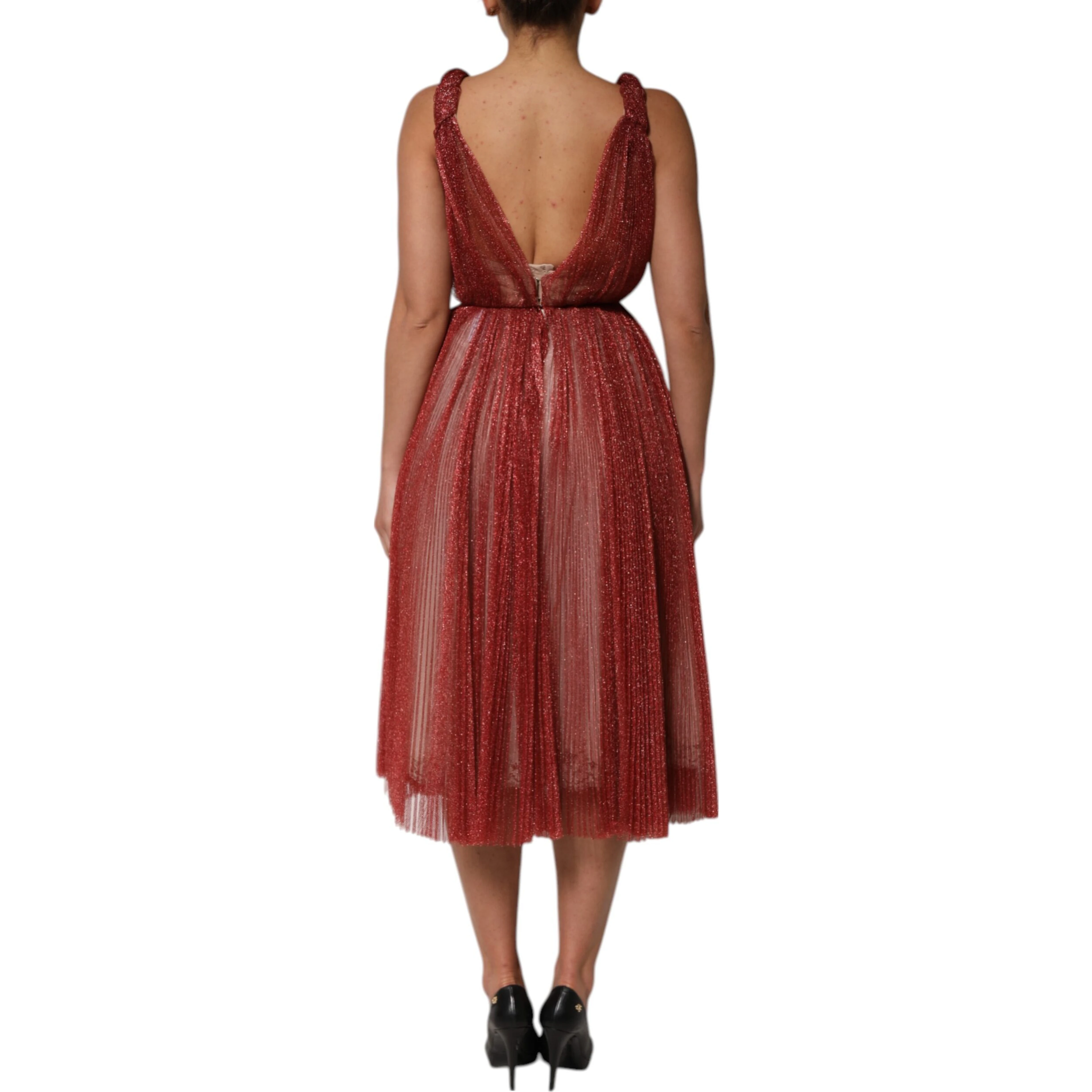 Burgundy Mesh Sleeveless Midi A-line Dress