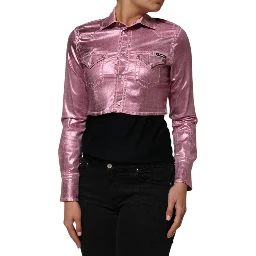 Pink Cotton Stretch Collared Cropped Jacket
