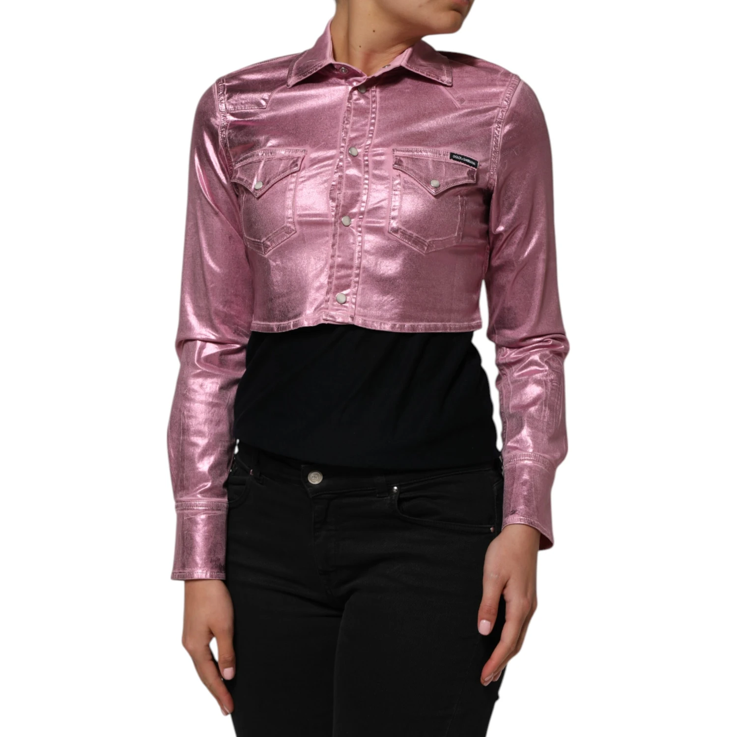 Pink Cotton Stretch Collared Cropped Jacket