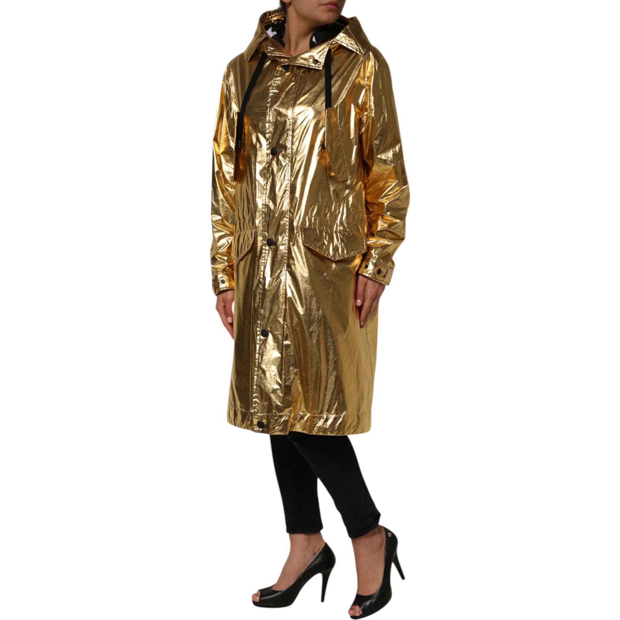 Gold Hooded Long Sleeves Trench Coat Jacket