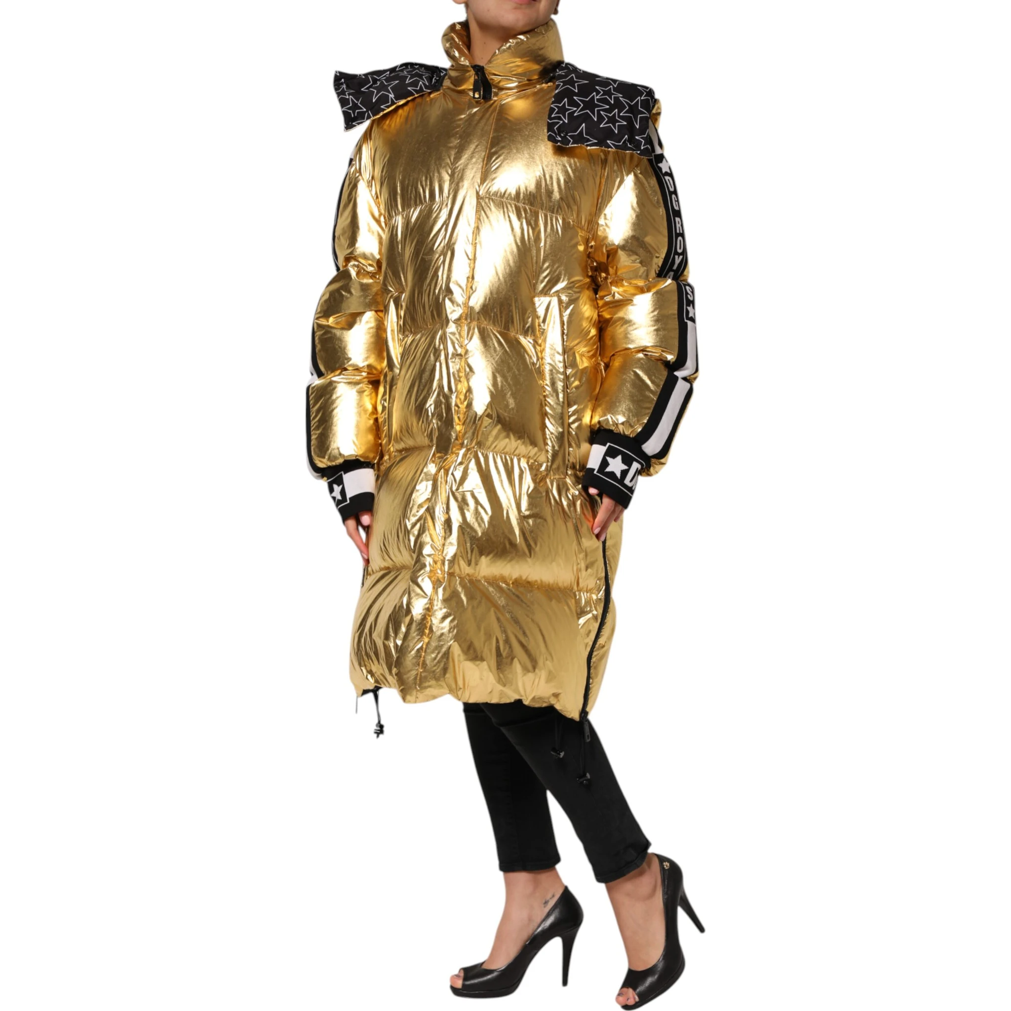 Gold Hooded Puffer Quilted Full Zip Jacket