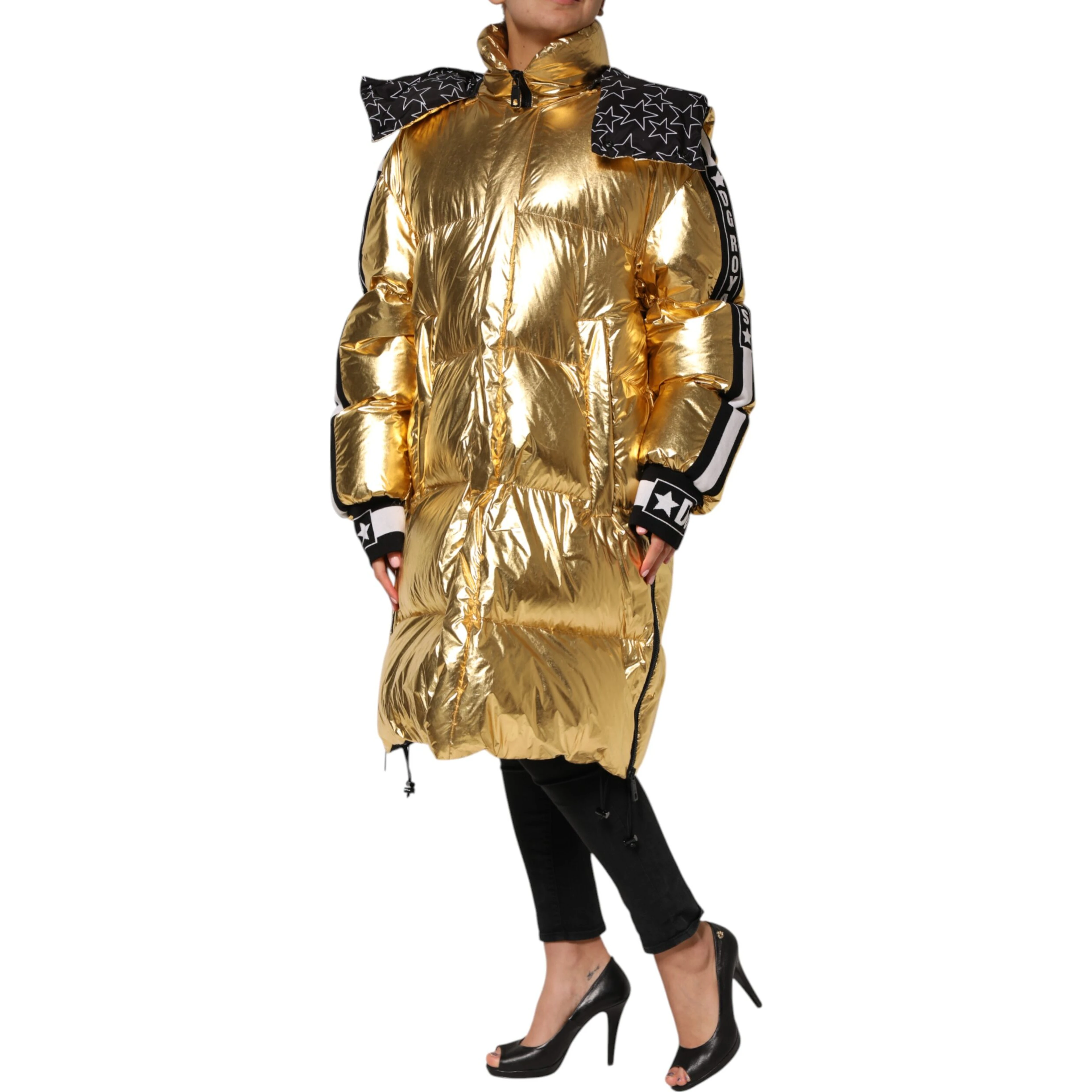 Gold Hooded Puffer Quilted Full Zip Jacket