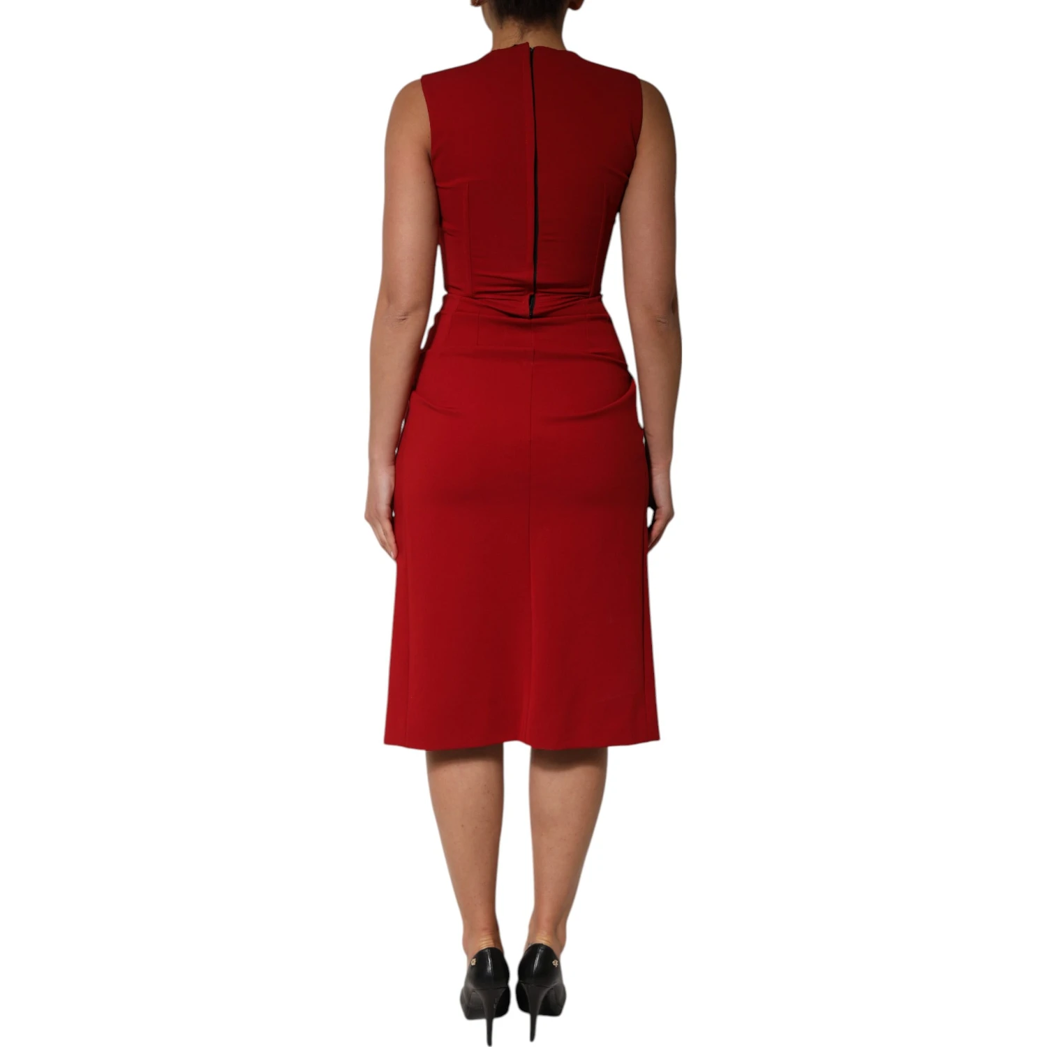 Red Viscose Stretch Slit Sheath Midi Dress