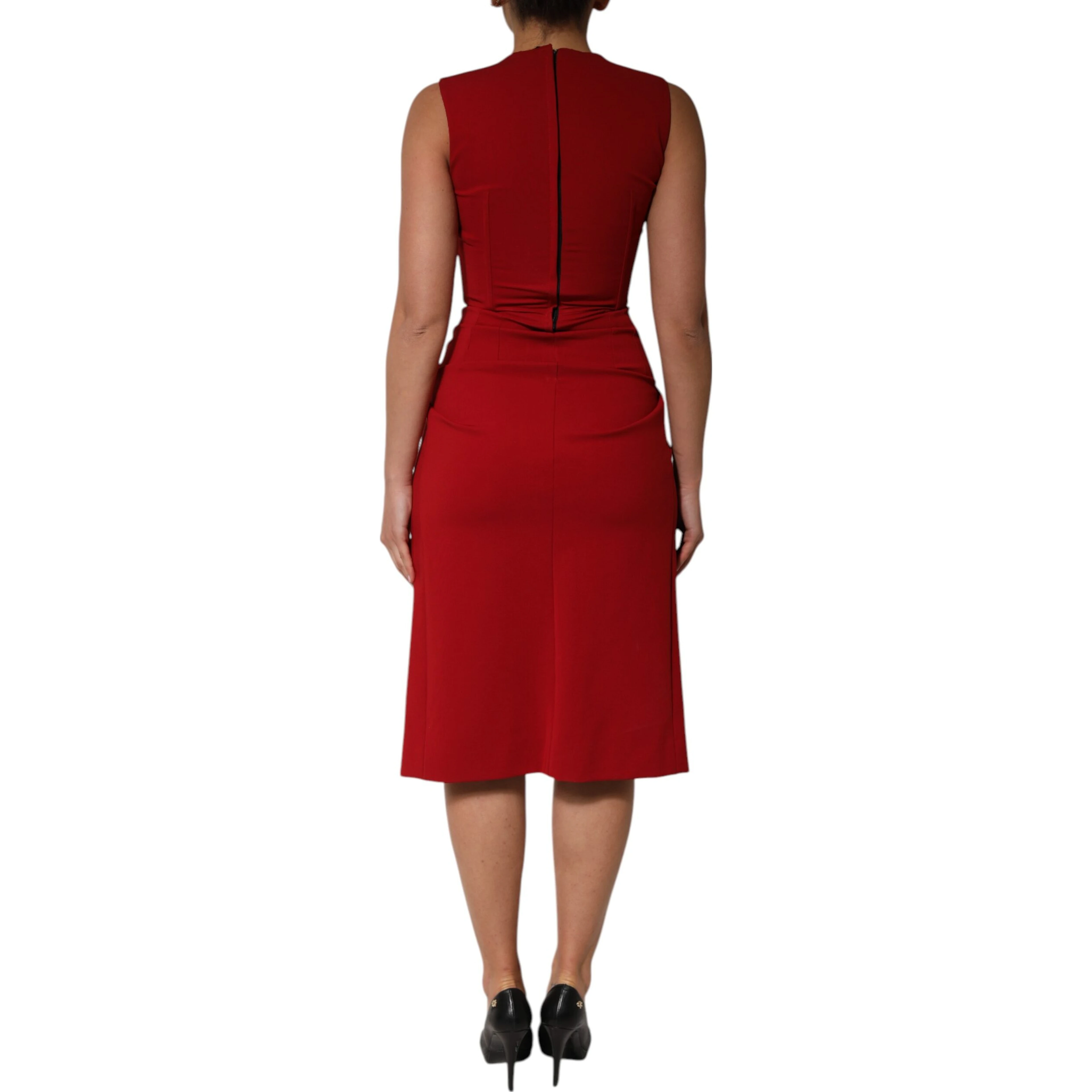 Red Viscose Stretch Slit Sheath Midi Dress