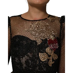 Black Crystal Heart Embellished A-line Dress