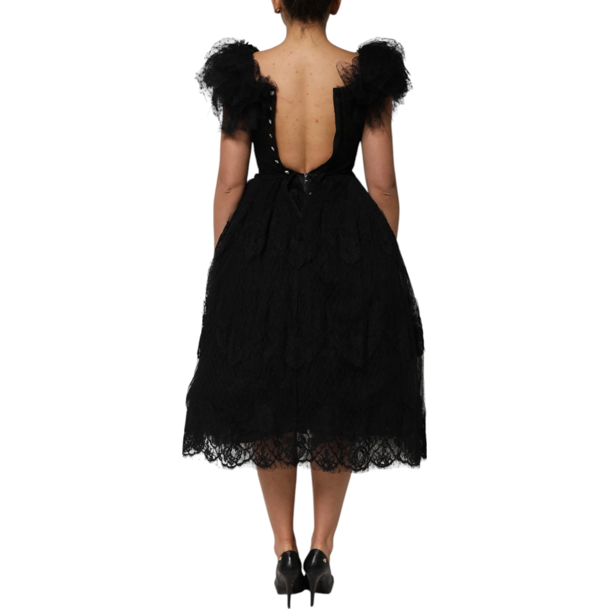Black Crystal Embellished Midi A-line Dress