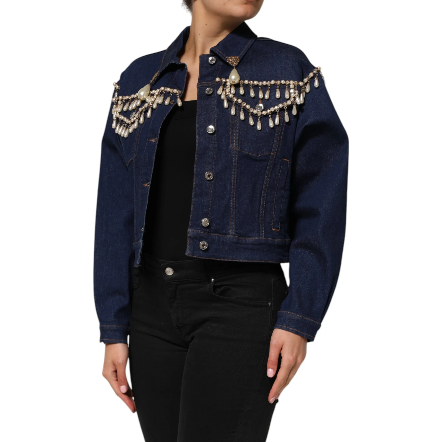 Blue Cotton Denim Crystal Embellished Jacket