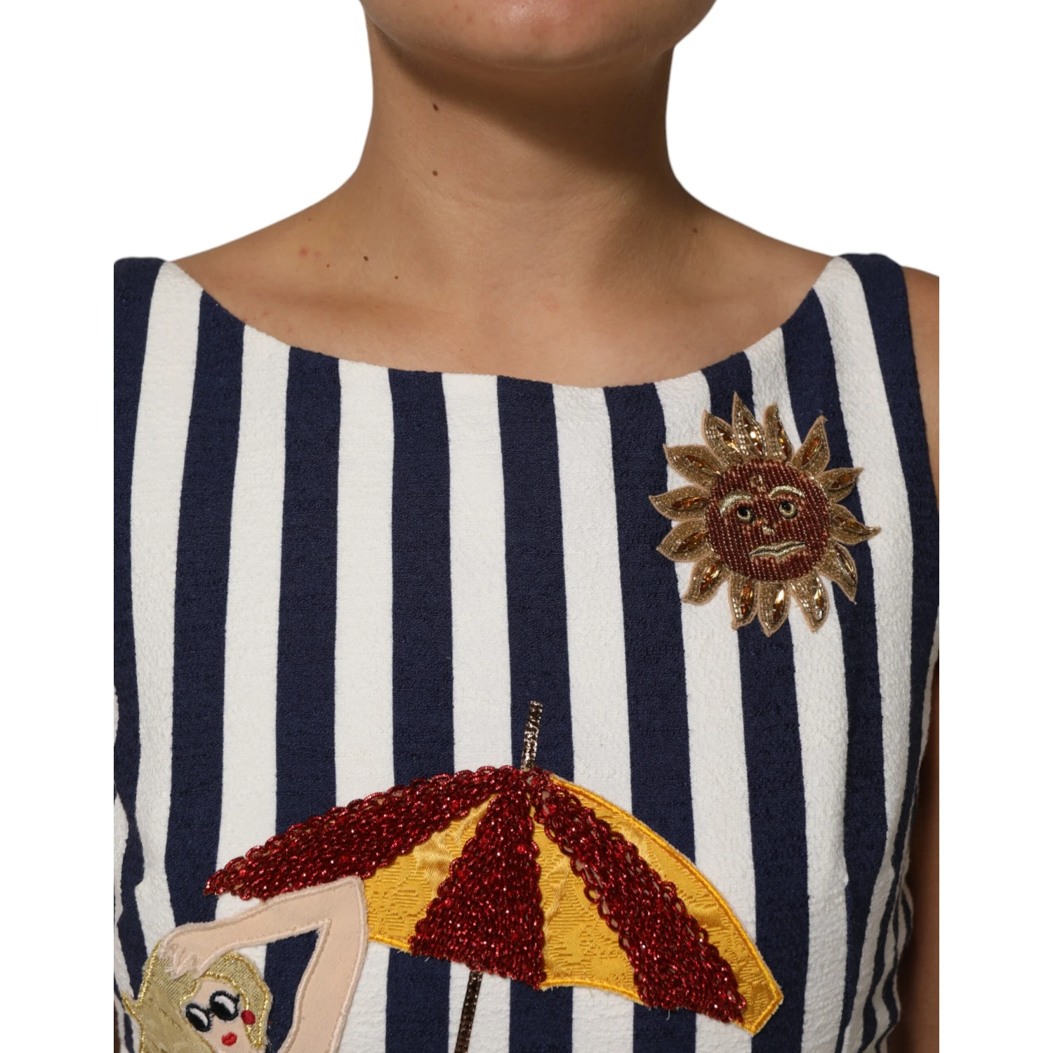 Blue White Striped Embroidered A-line Dress