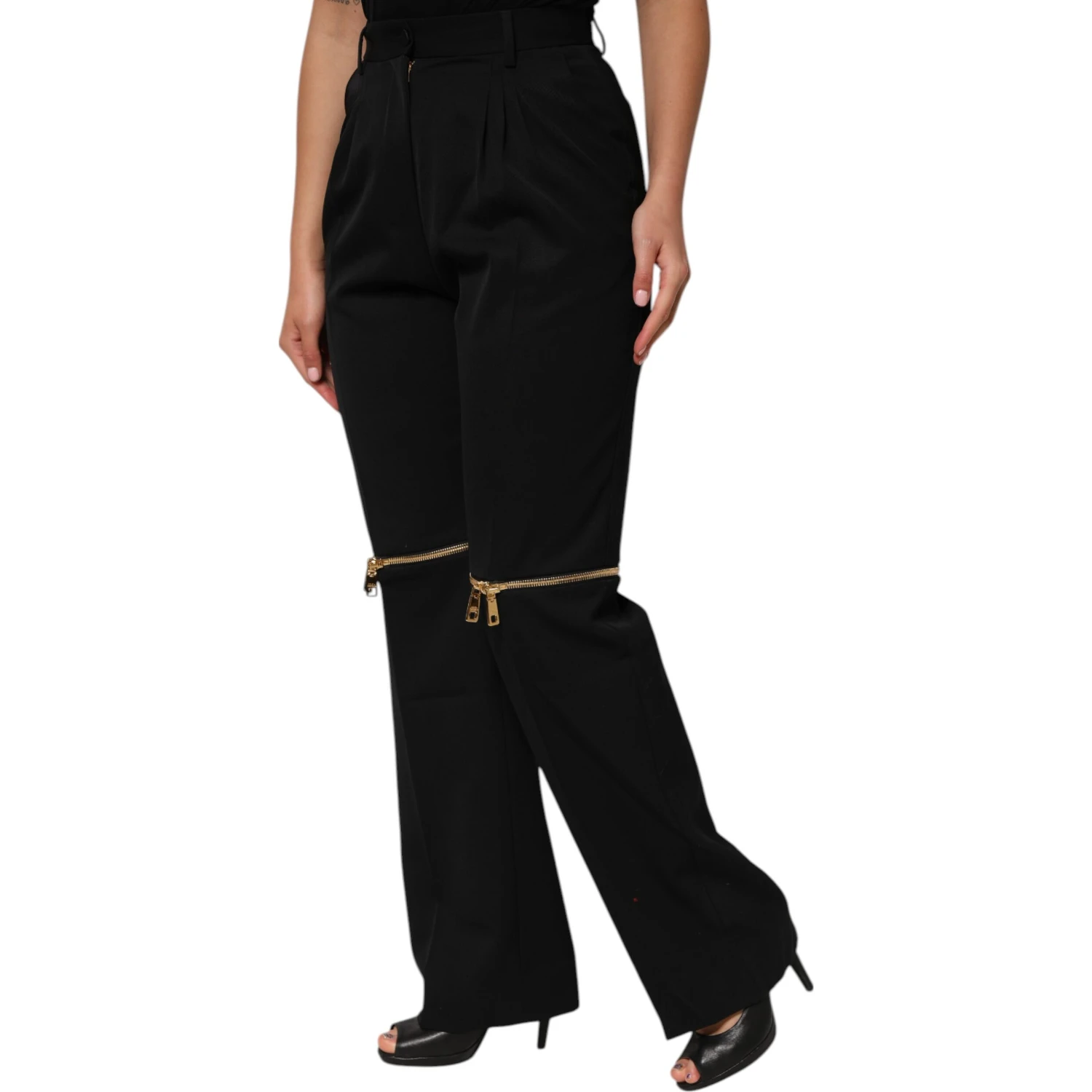 Black Zip Detailed Wool Straight Leg Pants