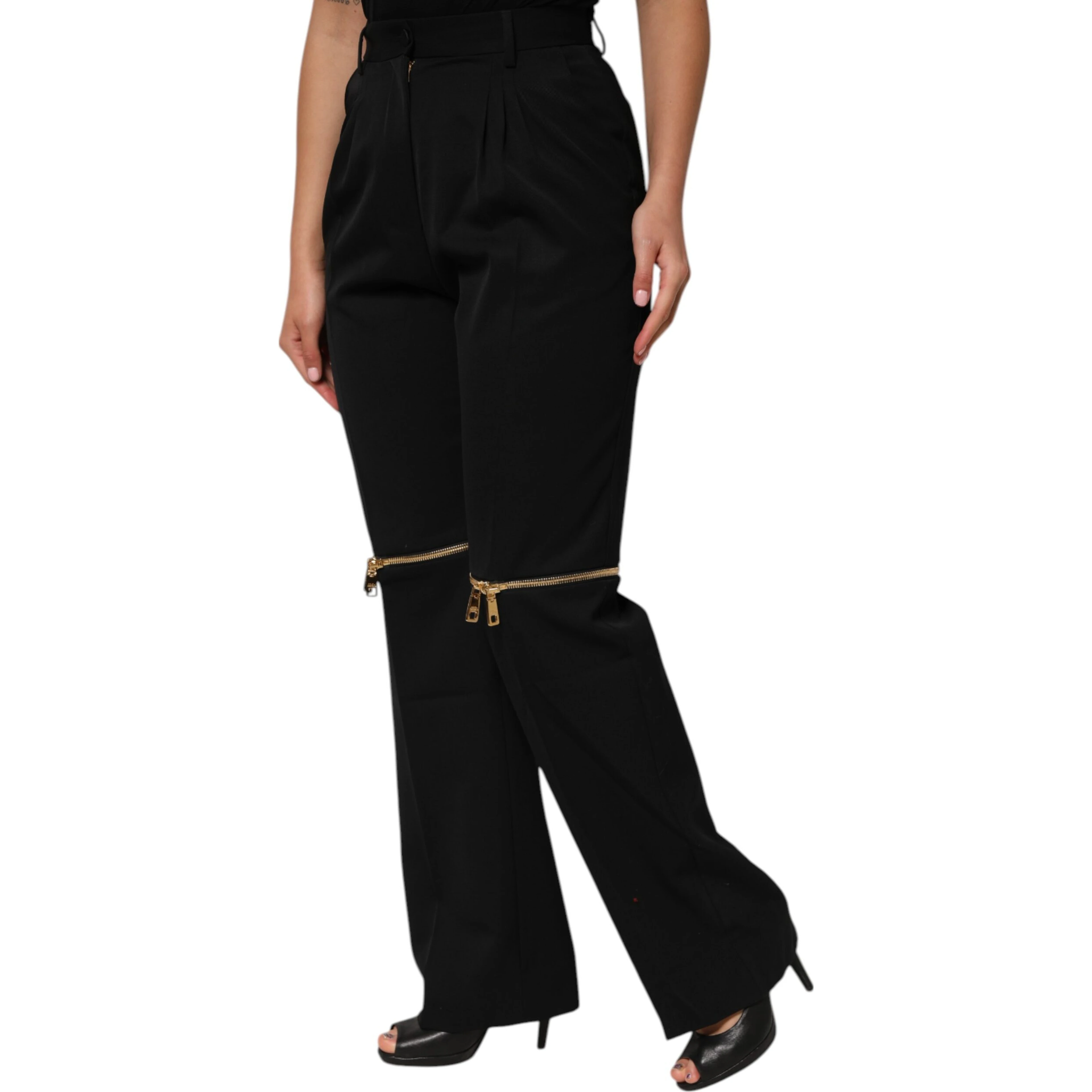 Black Zip Detailed Wool Straight Leg Pants