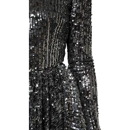 Black Sequined Long Sleeves Midi A-line  Dress