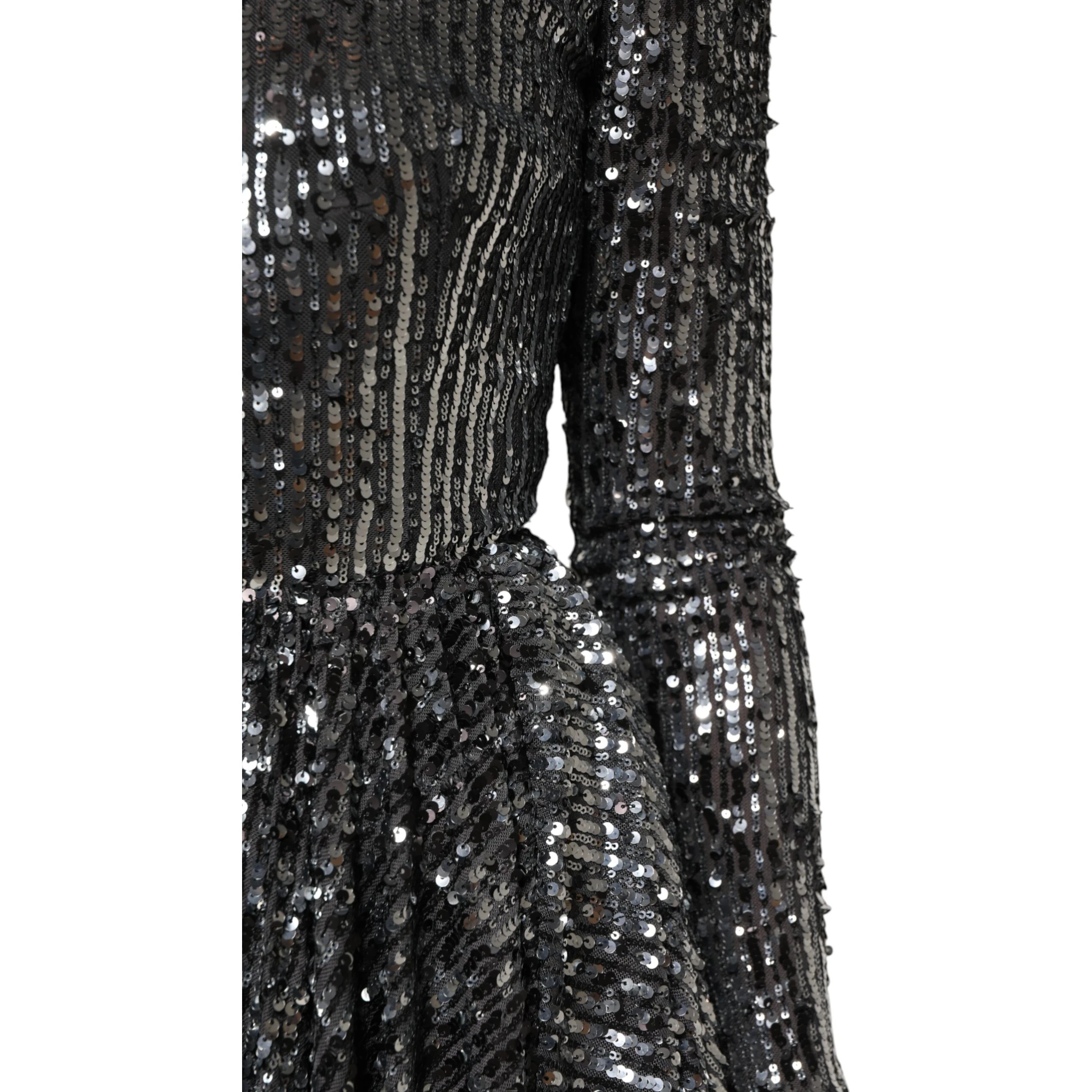 Black Sequined Long Sleeves Midi A-line  Dress