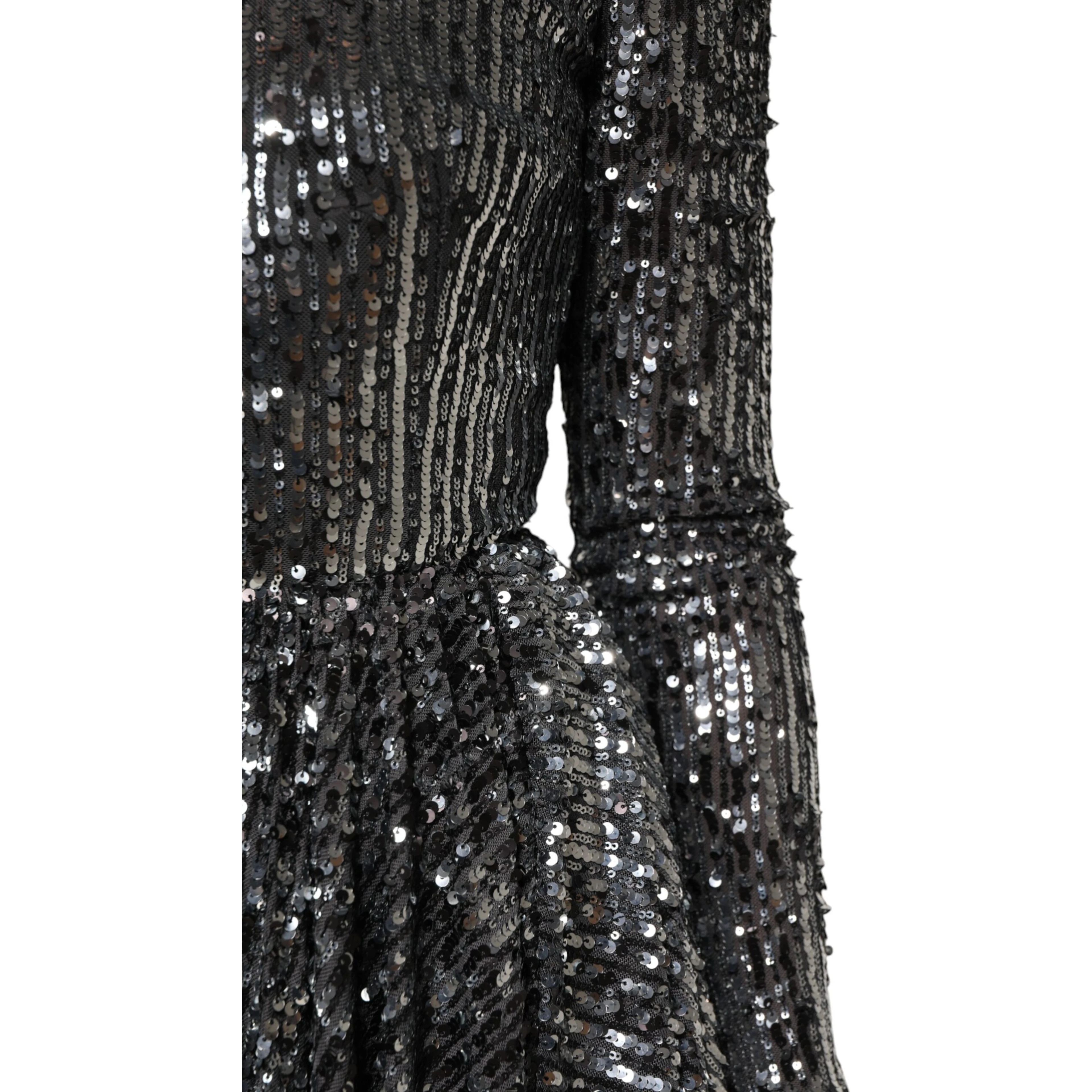 Black Sequined Long Sleeves Midi A-line  Dress