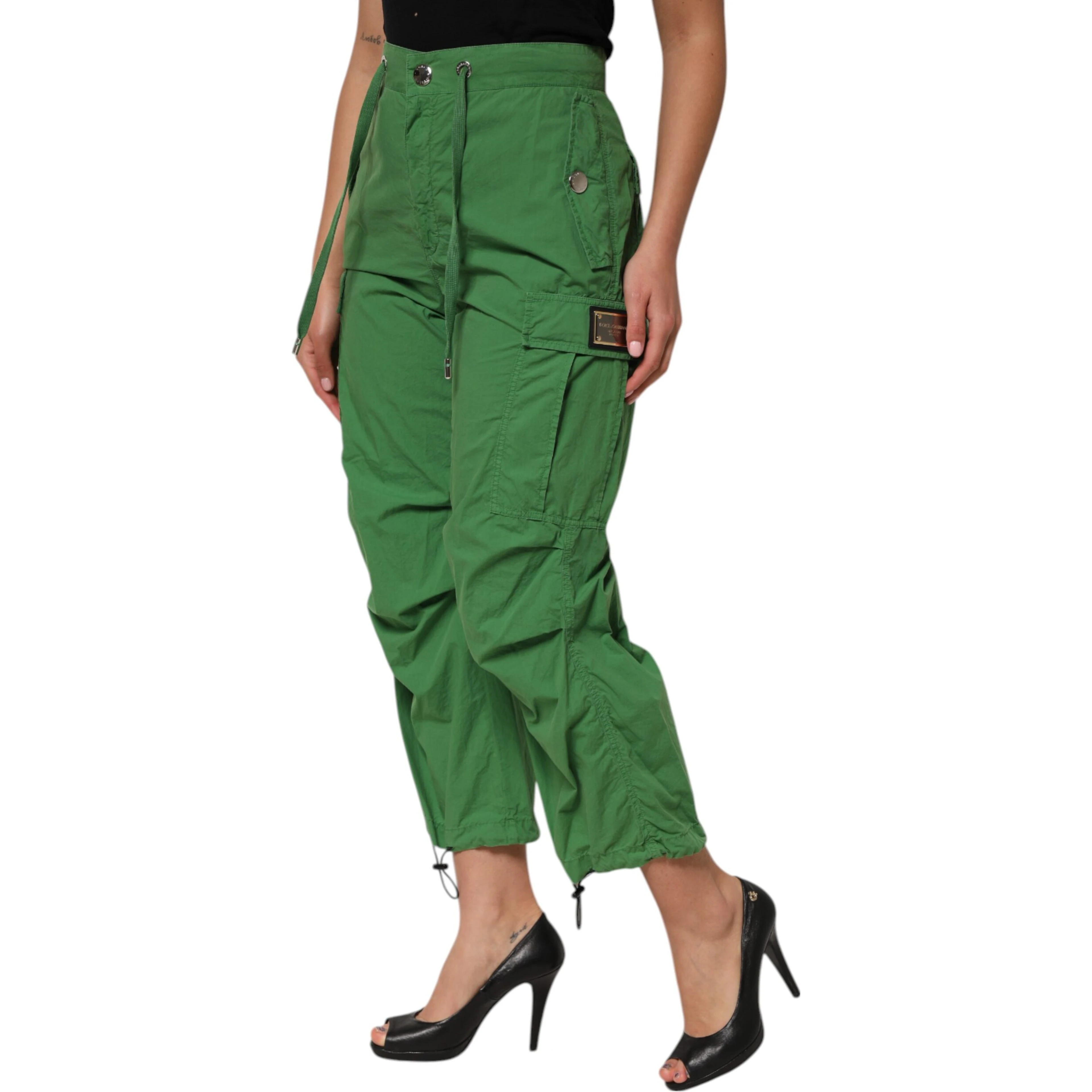 Green Cotton High Waist Cargo Trouser Pants