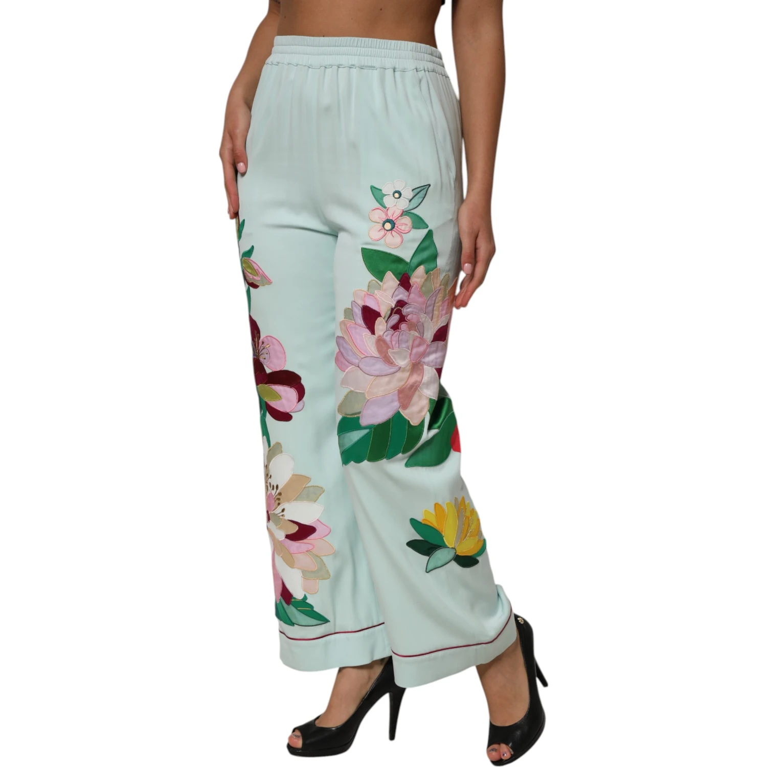 Green Floral Garterized Straight Pajama Pants