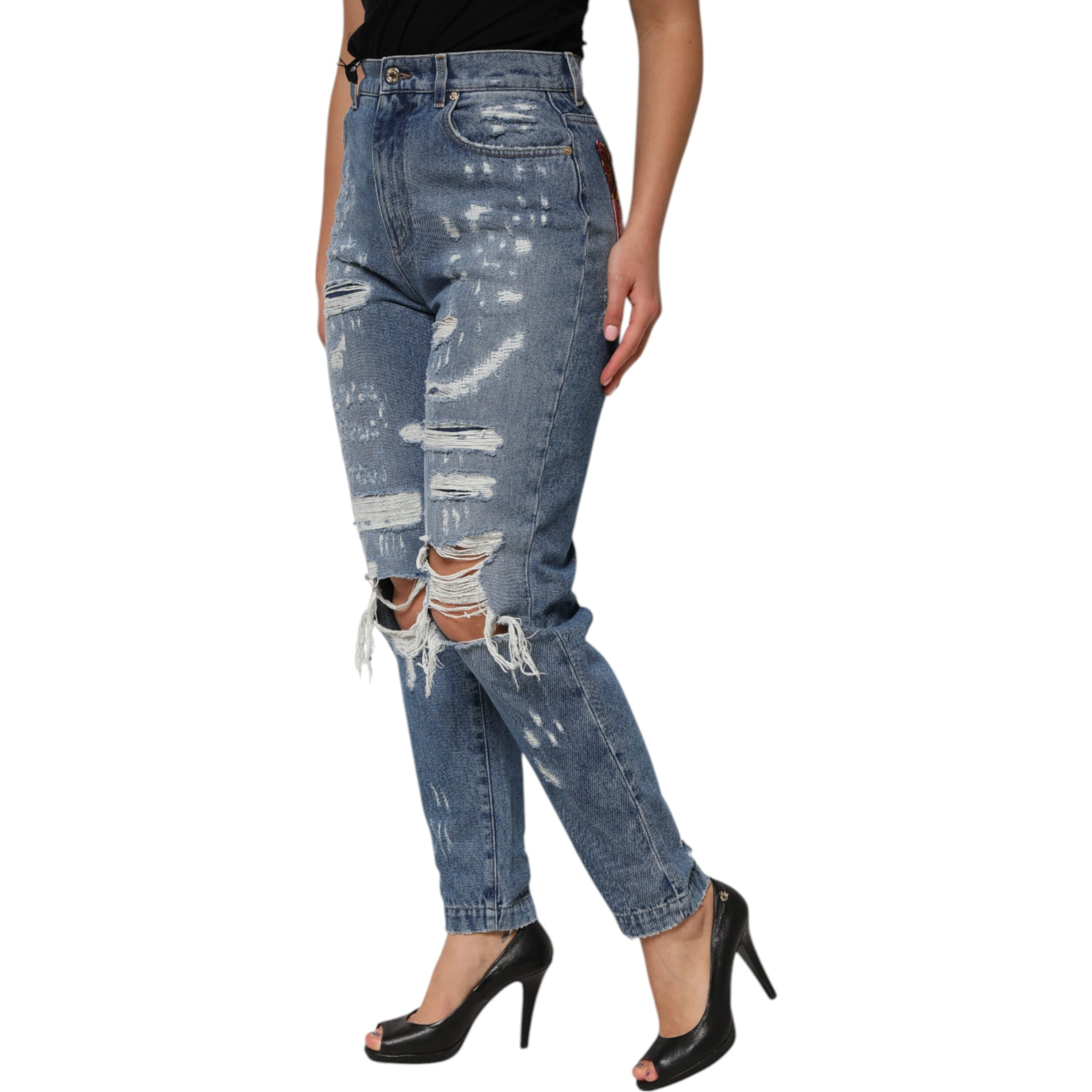 Blue Tattered High Waist Women Denim Jeans