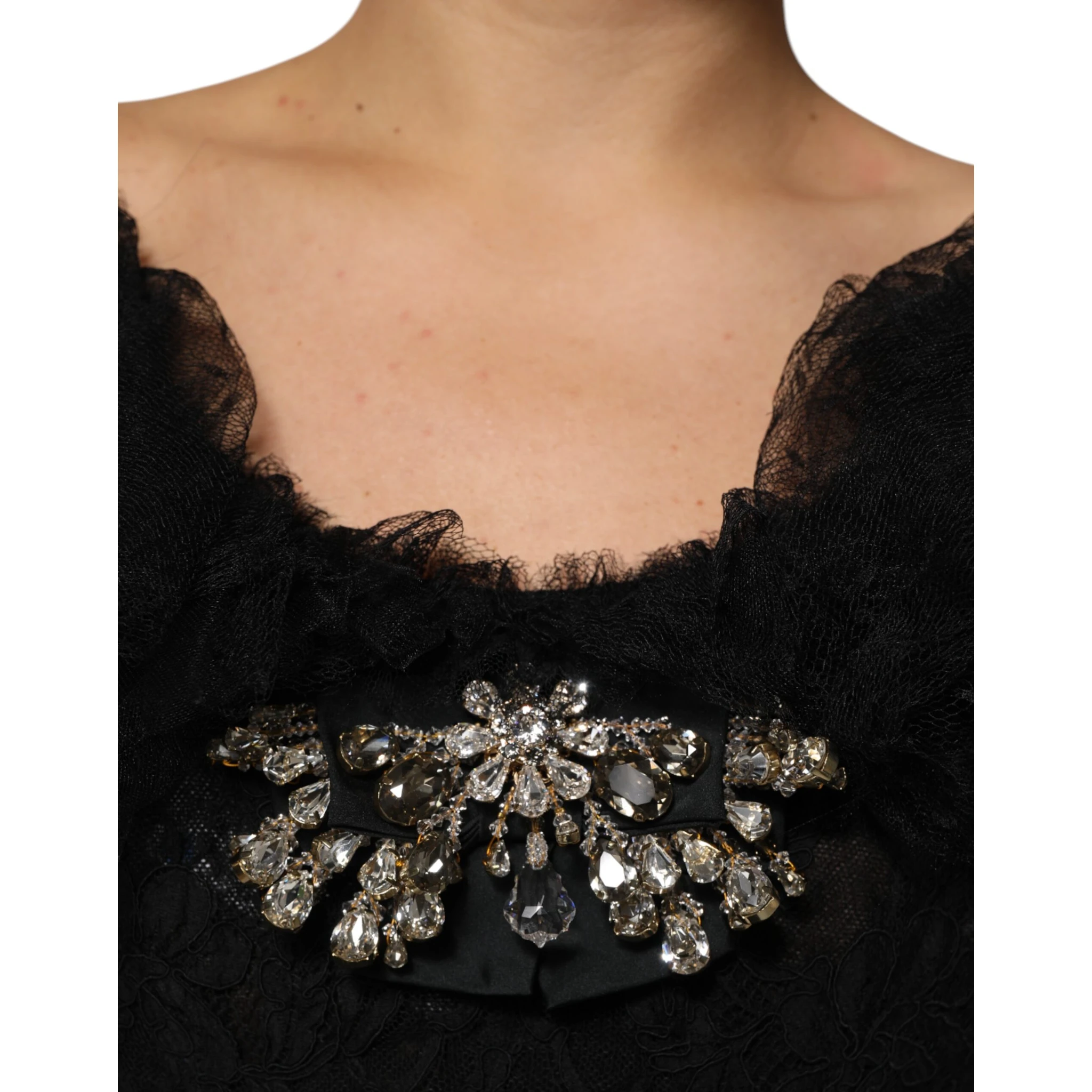 Black Crystal Embellished Midi A-line Dress