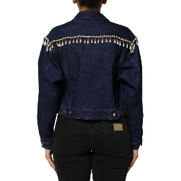 Blue Cotton Denim Crystal Embellished Jacket
