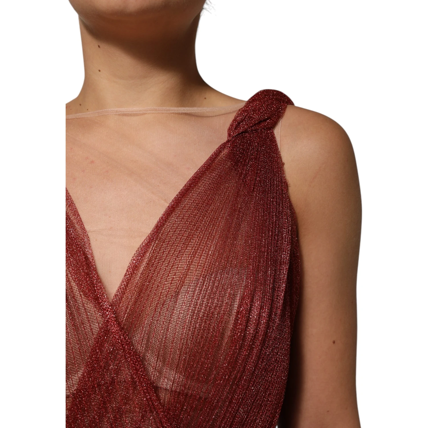 Burgundy Mesh Sleeveless Midi A-line Dress