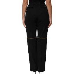 Black Zip Detailed Wool Straight Leg Pants