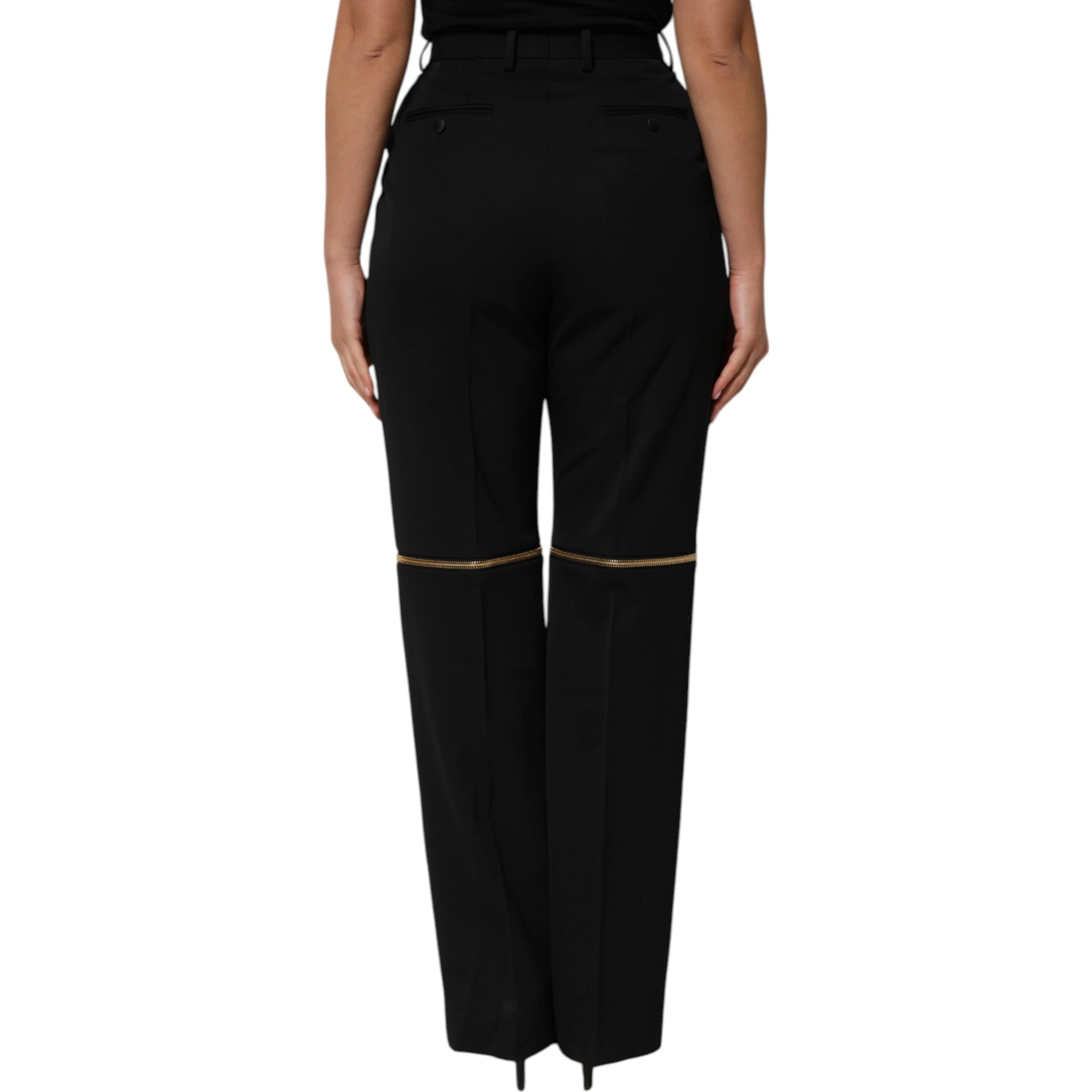 Black Zip Detailed Wool Straight Leg Pants