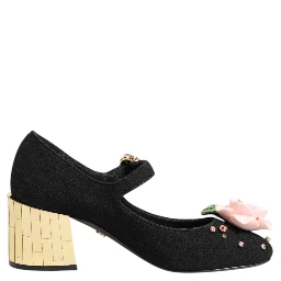 Black Flower Crystal Embellished Mary Jane Shoes