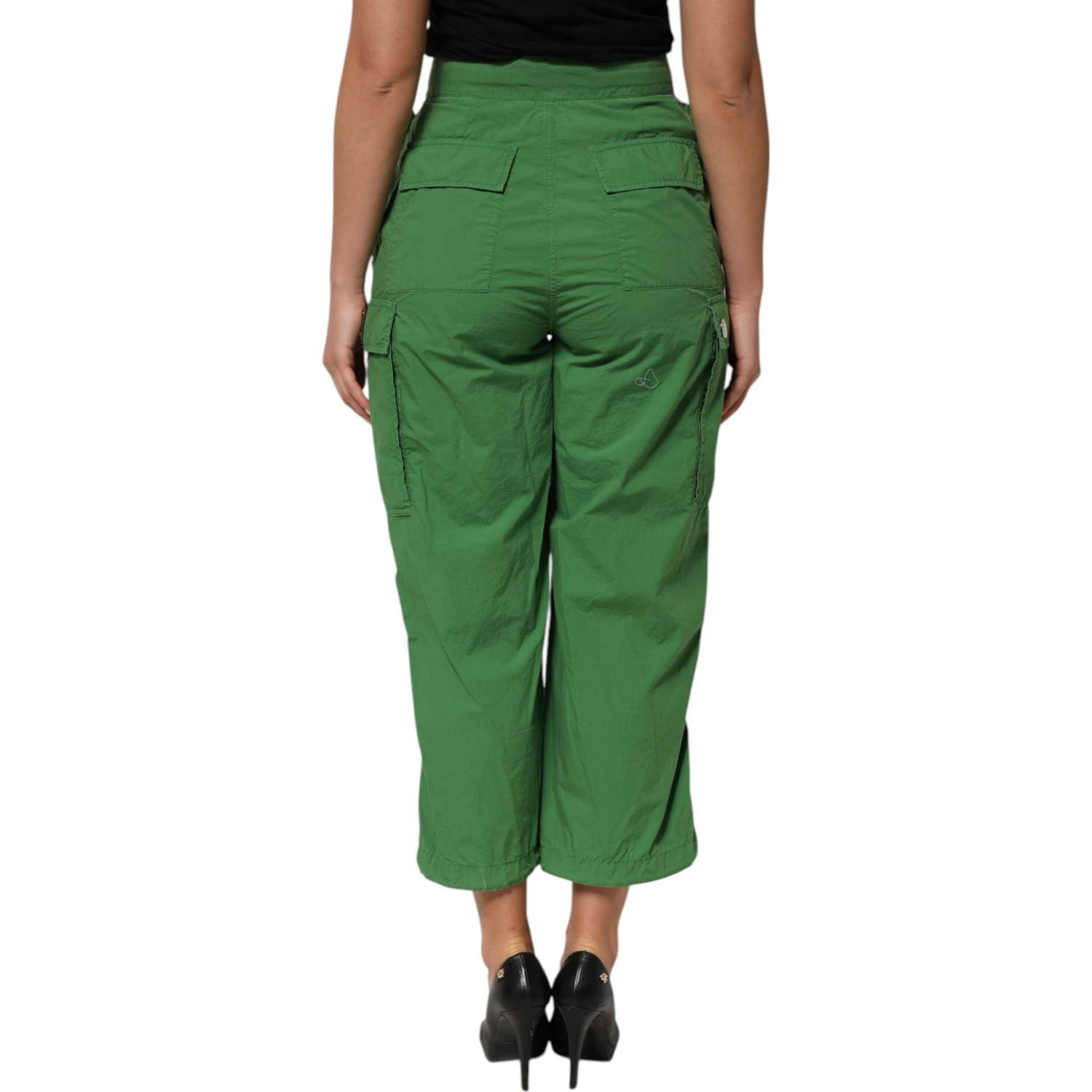 Green Cotton High Waist Cargo Trouser Pants