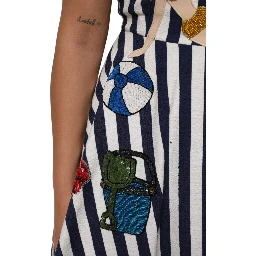 Blue White Striped Embroidered A-line Dress