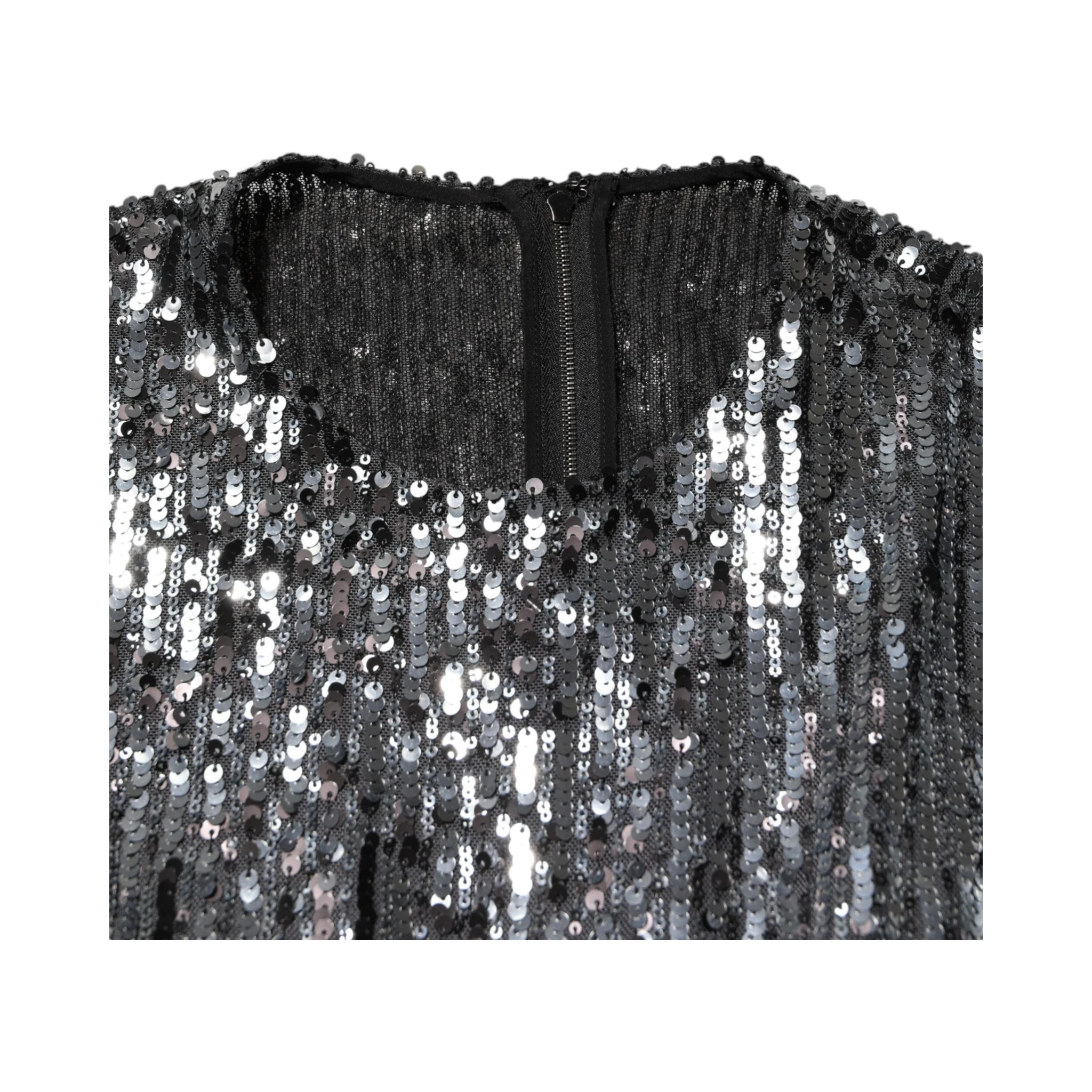 Black Sequined Long Sleeves Midi A-line  Dress
