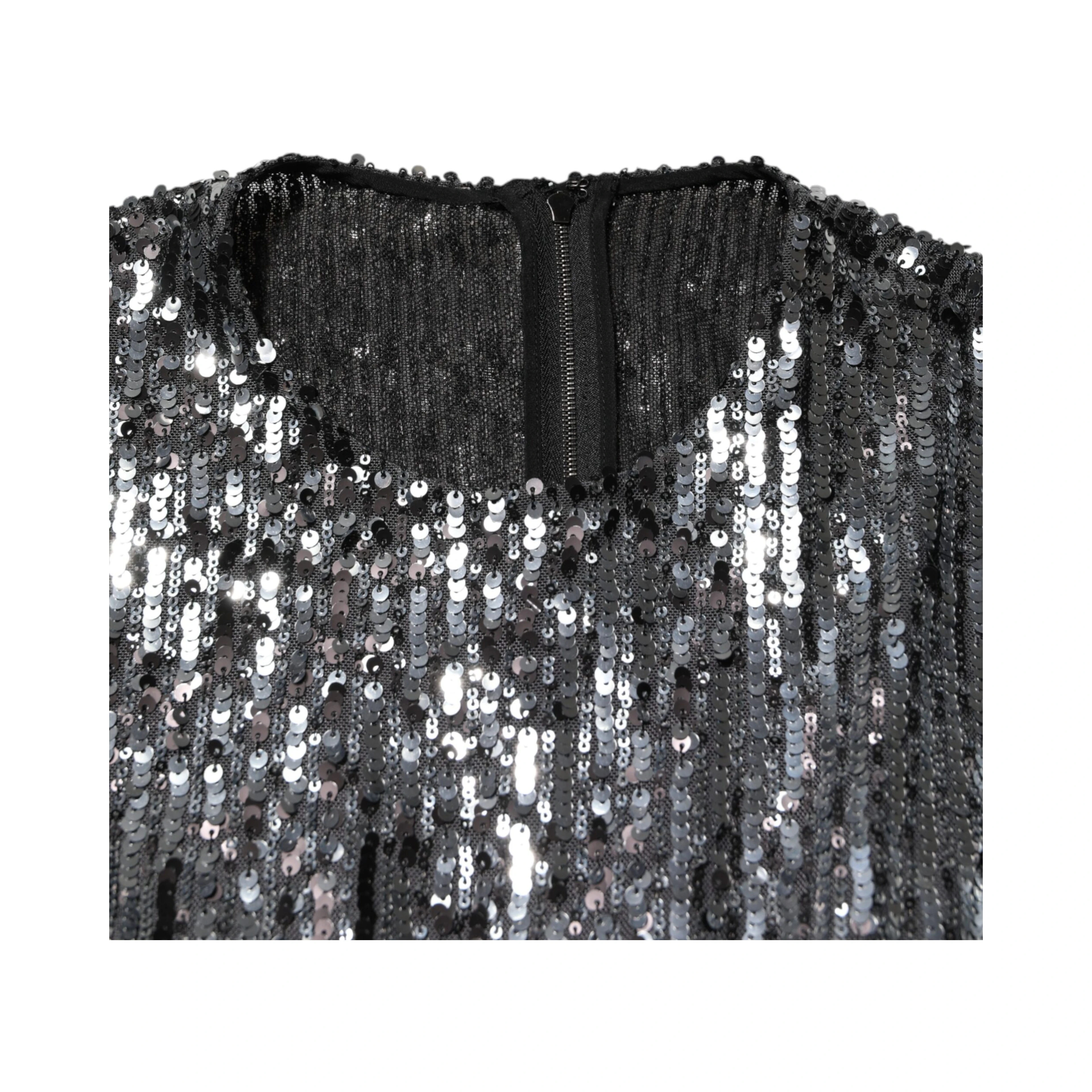 Black Sequined Long Sleeves Midi A-line  Dress