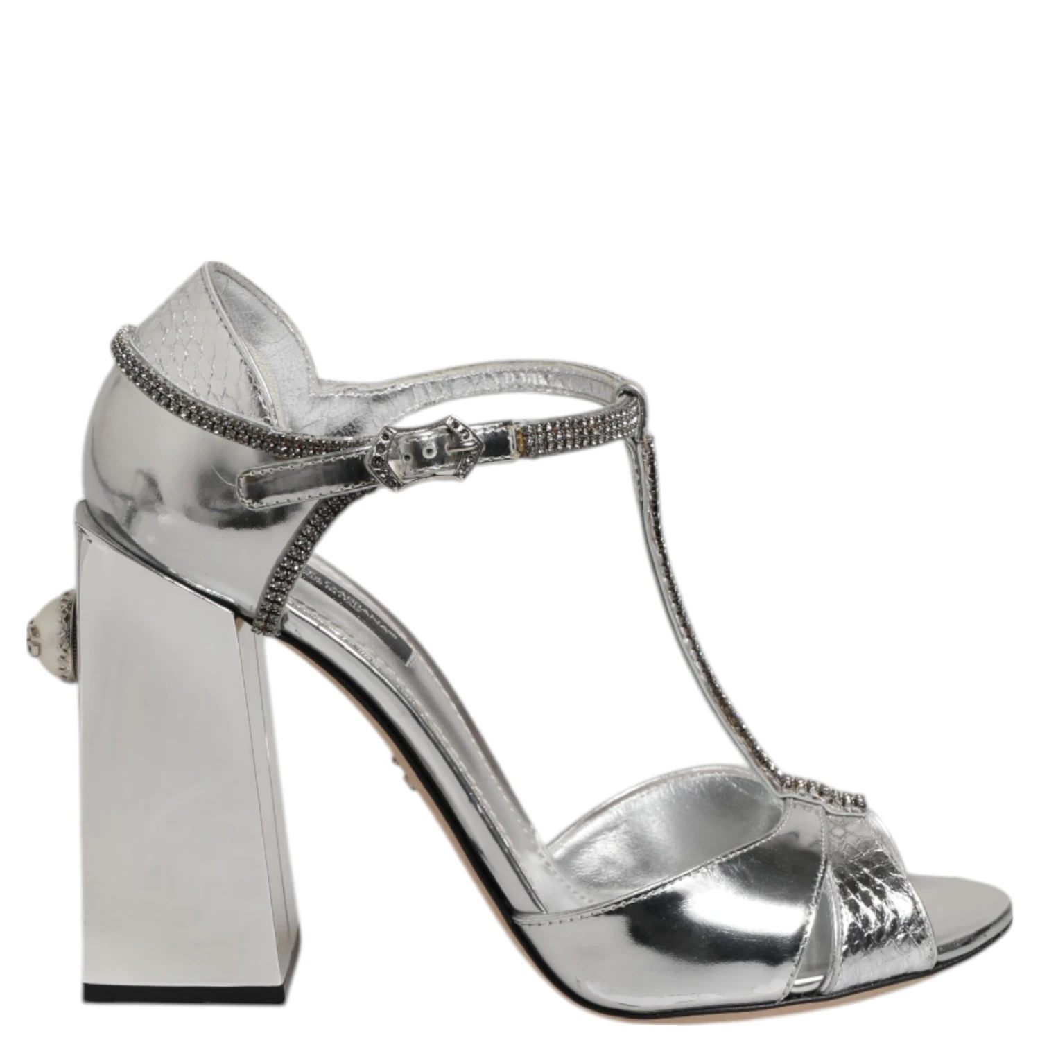 Silver Leather T-strap Heels Sandals Shoes