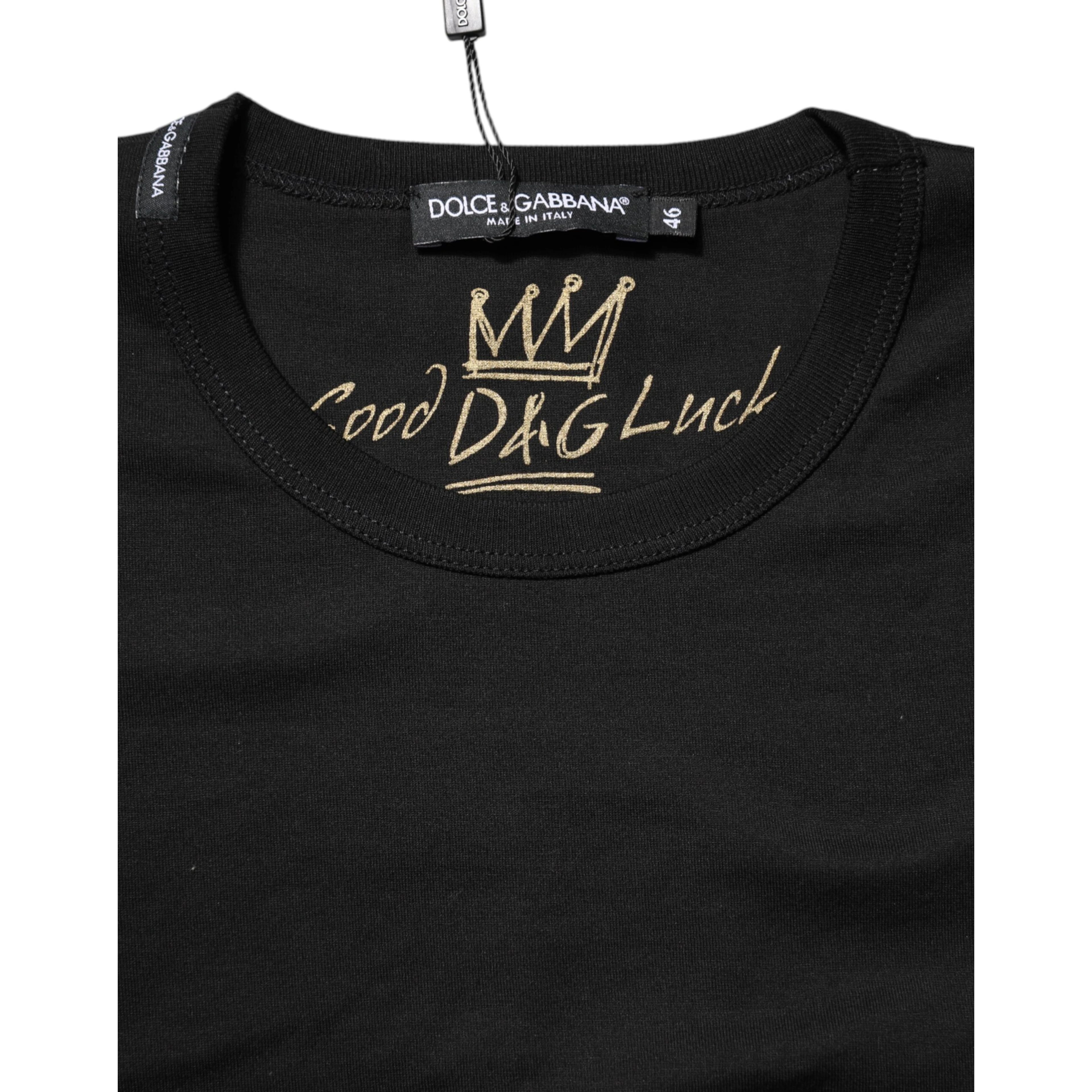 Black Cotton Goodluck Tee Crew Neck T-shirt