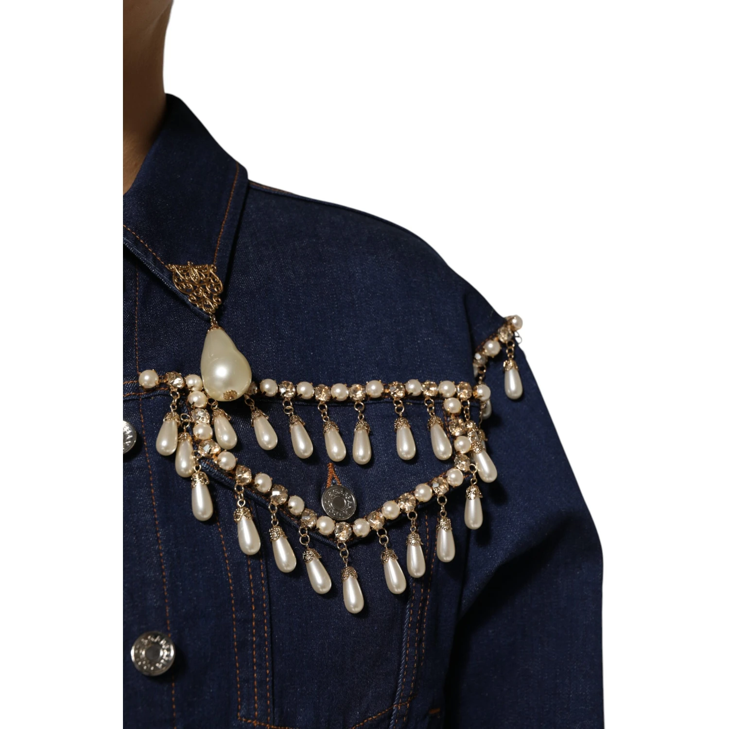 Blue Cotton Denim Crystal Embellished Jacket