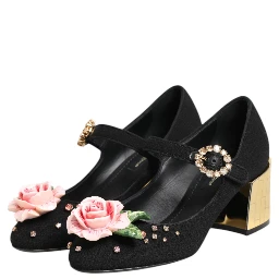 Black Flower Crystal Embellished Mary Jane Shoes