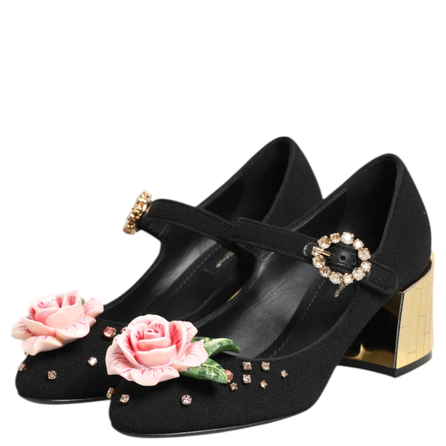 Black Flower Crystal Embellished Mary Jane Shoes