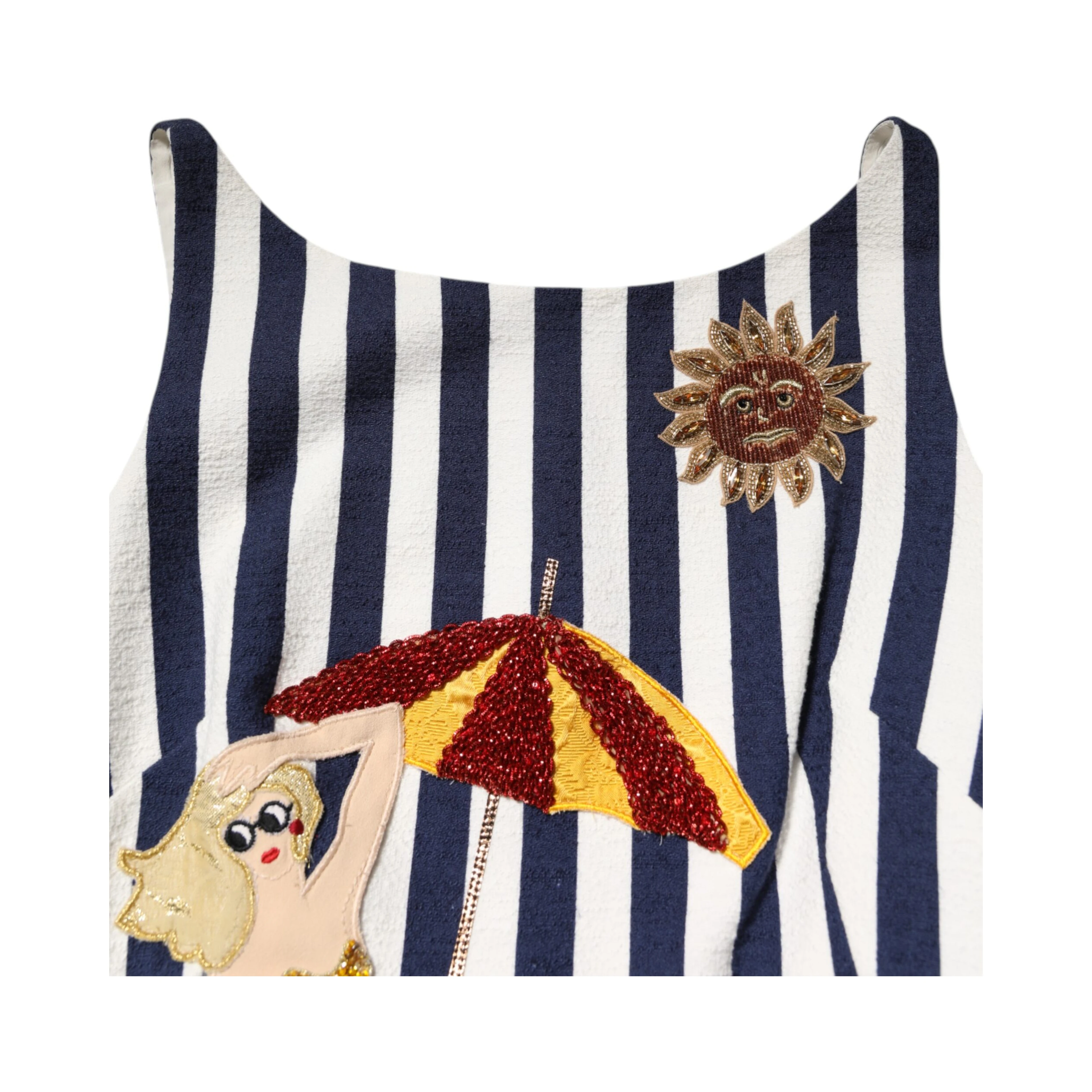 Blue White Striped Embroidered A-line Dress