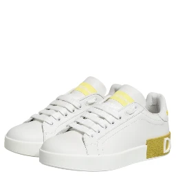 White Yellow Leather Low Top Sneakers Shoes