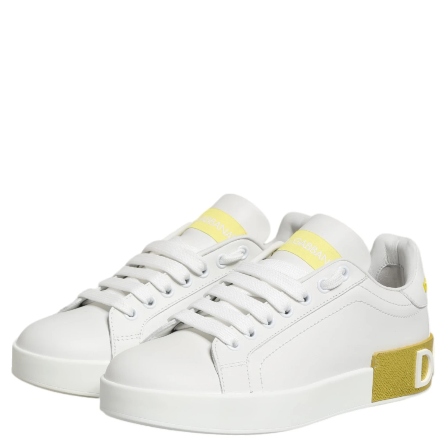 White Yellow Leather Low Top Sneakers Shoes