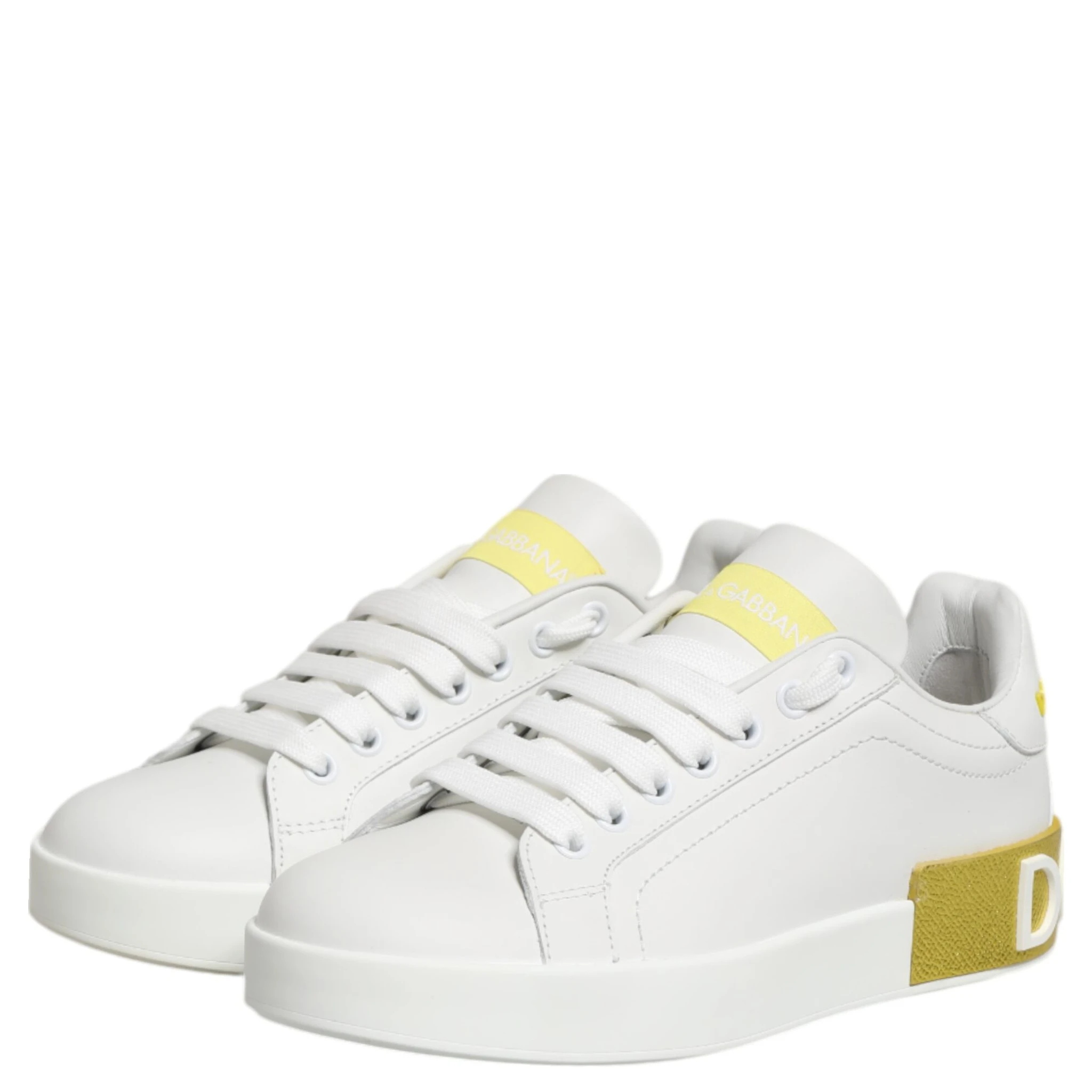 White Yellow Leather Low Top Sneakers Shoes