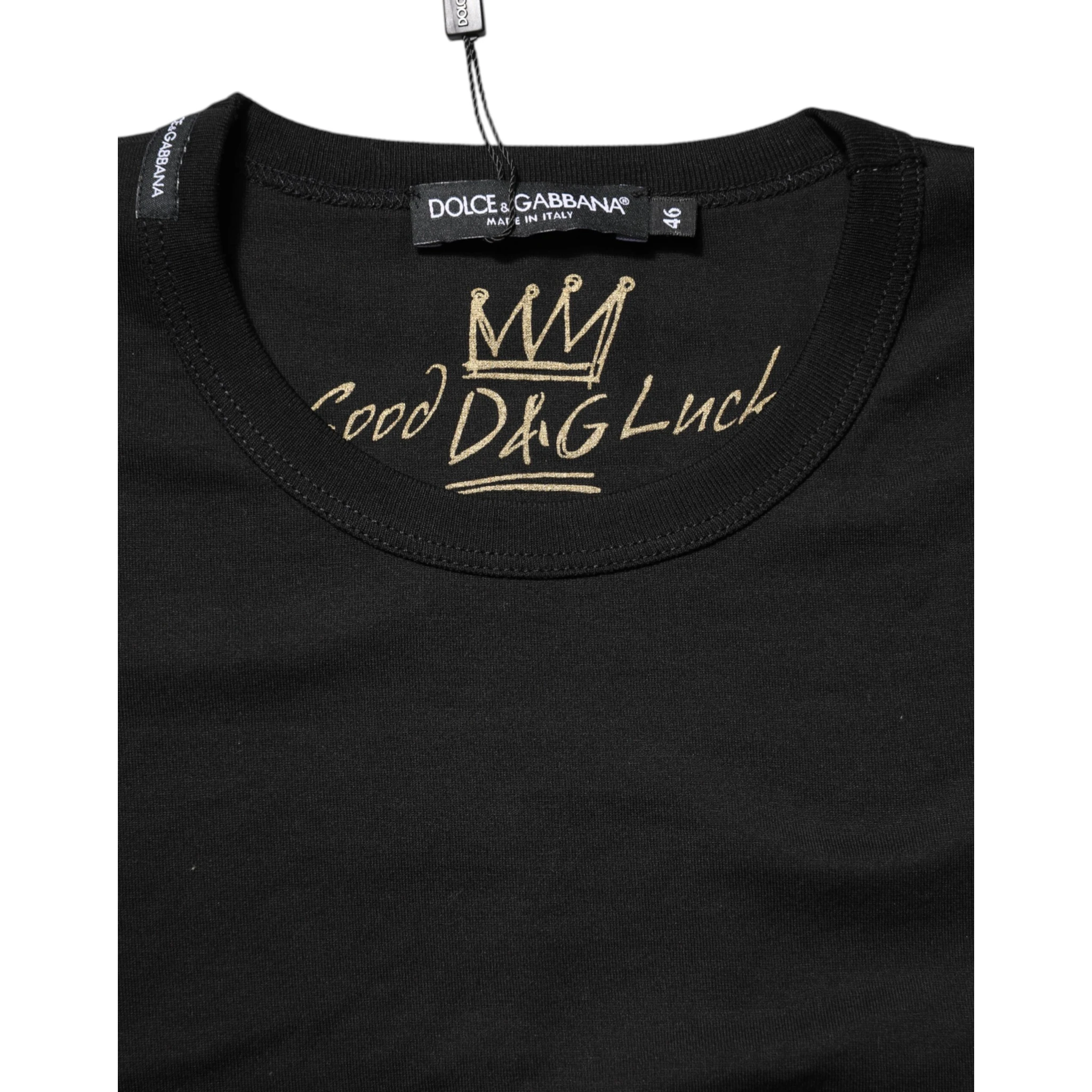 Black Cotton Goodluck Tee Crew Neck T-shirt